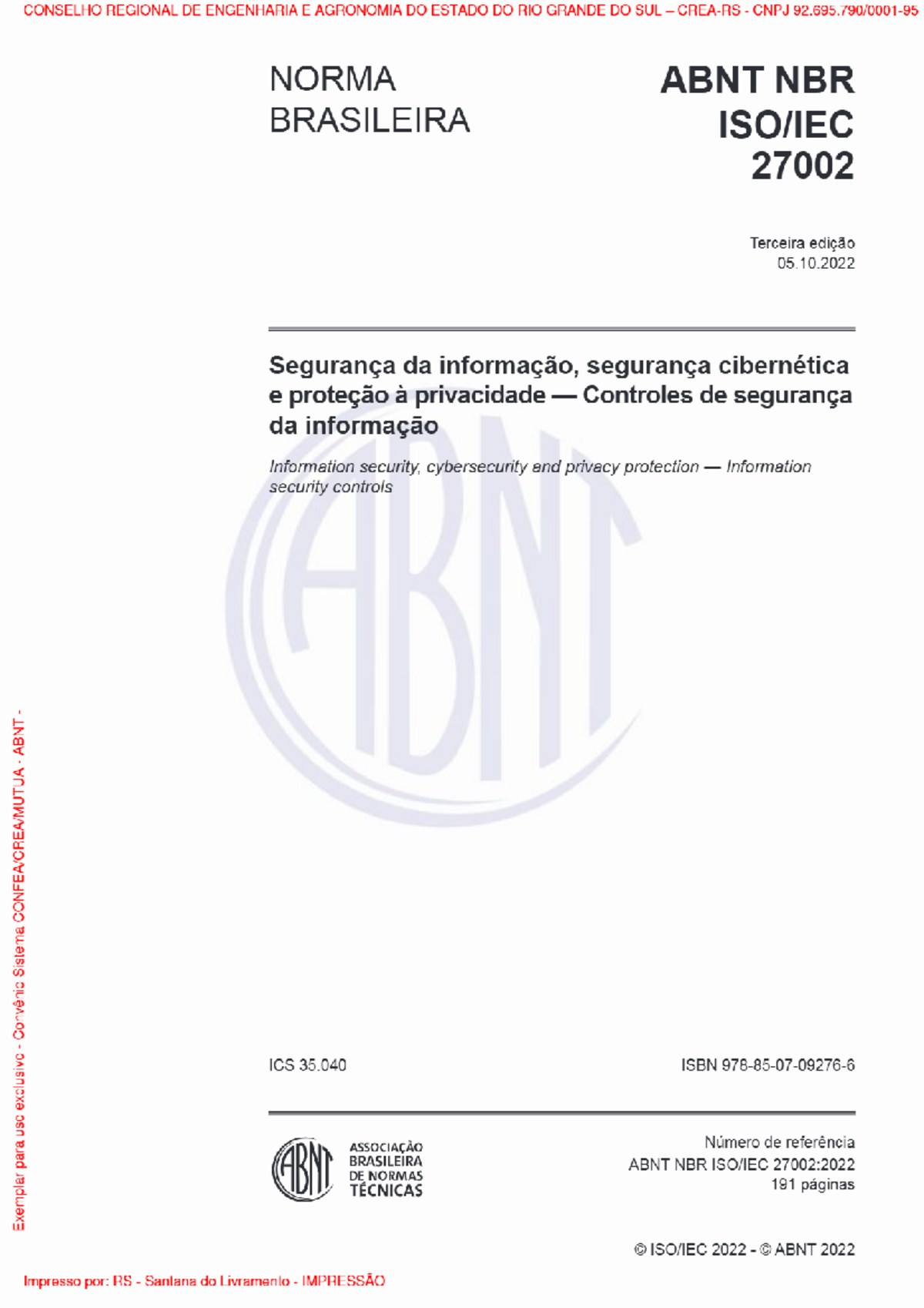 Controle de Segurança da Informação - ABNT NBR 27002:2022 - Document Preview