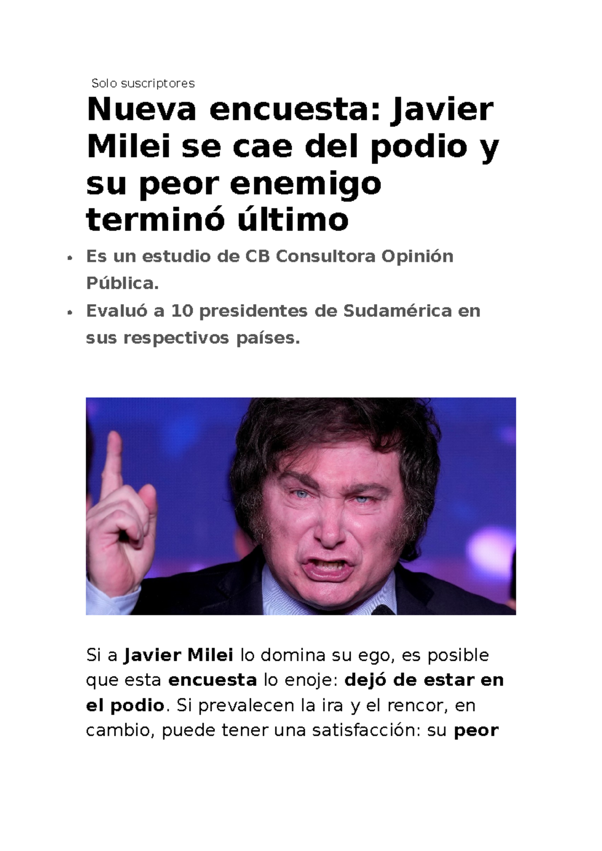 Encuesta CB: Javier Milei baja y Maduro en último lugar en Sudamérica ...