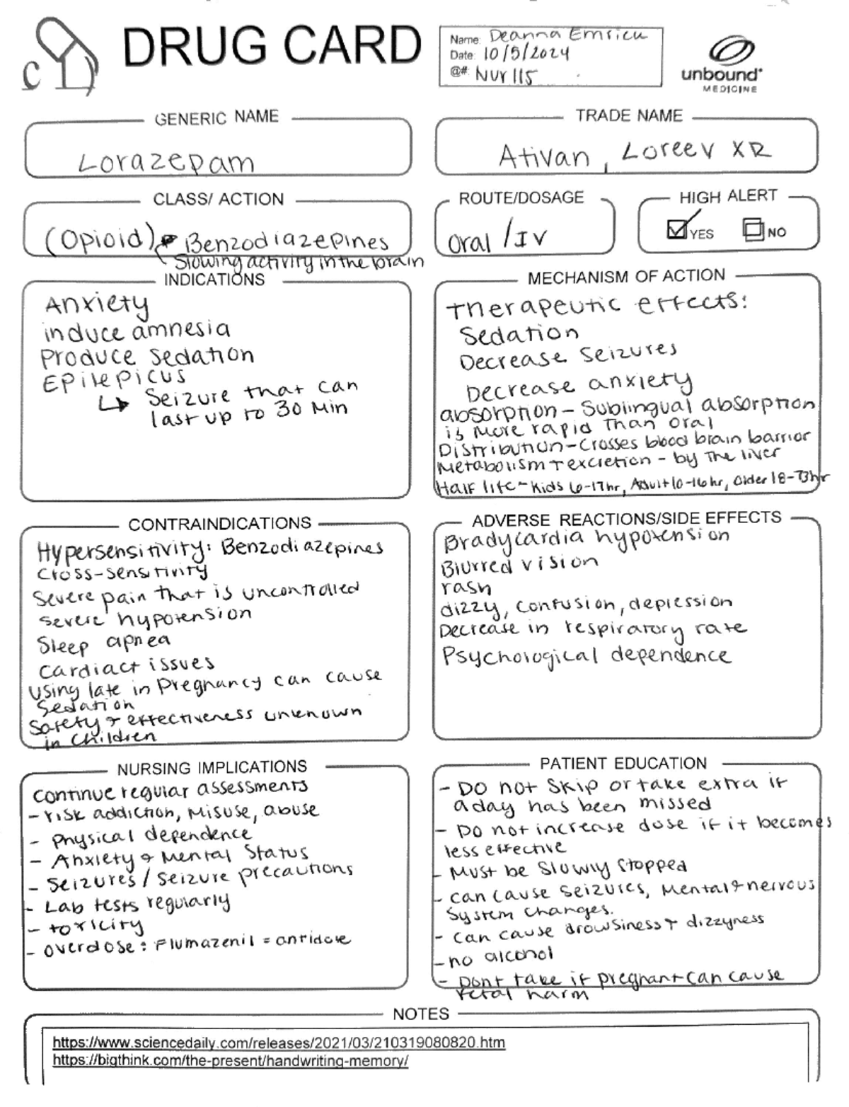 DRUG CARD 2 - Essential Info for Lorazepam (Ativan) in NR115 - Studocu