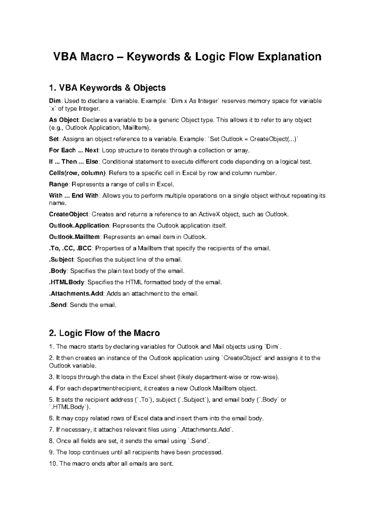 VBA Macro Logic Flow & Keywords Explanation for Course Code 101 - Studocu