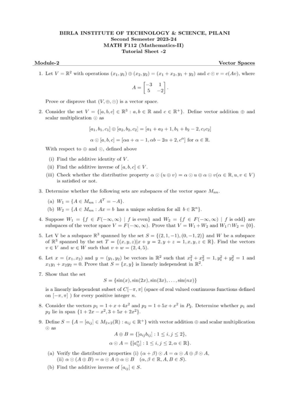 MATH F112 Second Sem Tutorial: Vector Spaces & Subspaces - Studocu
