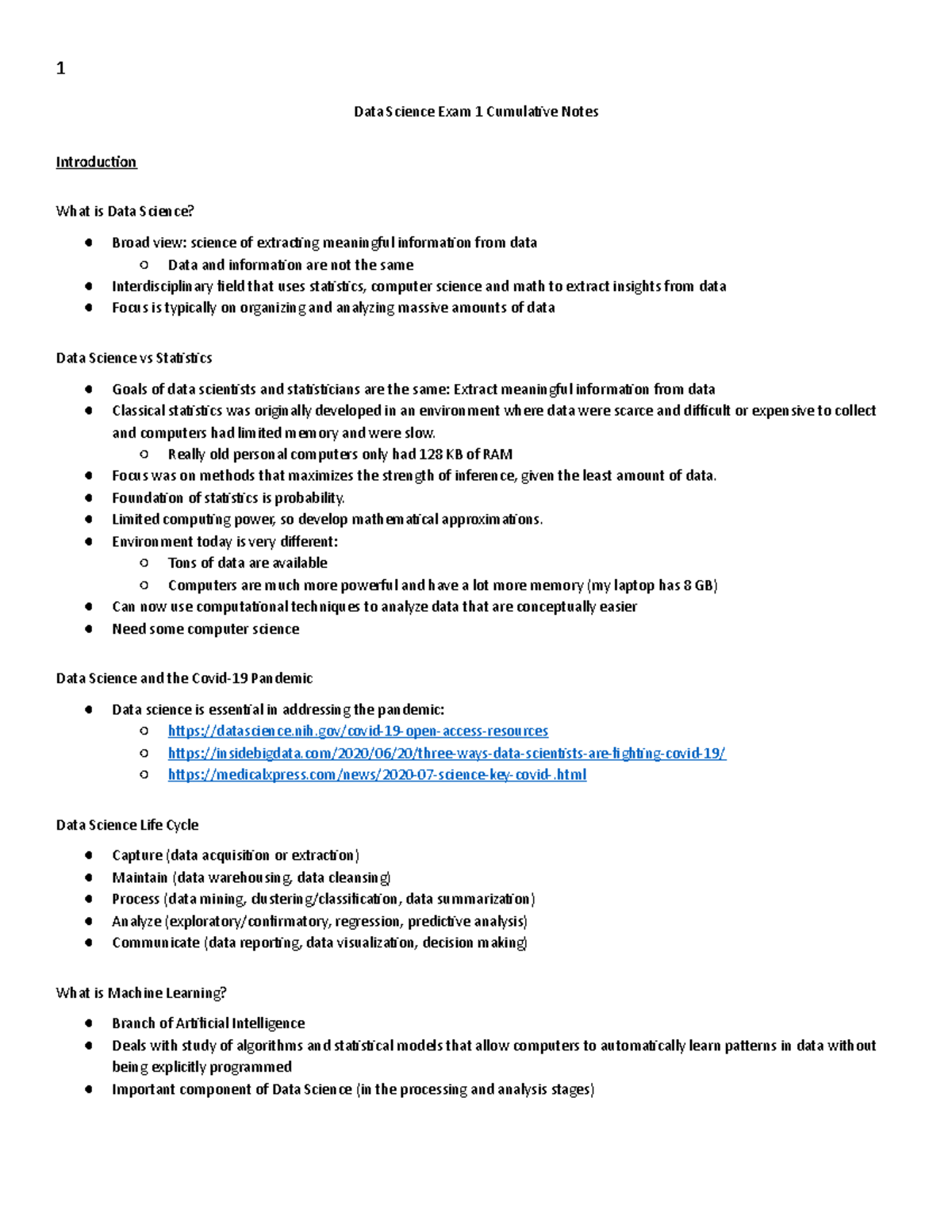 Data Science Exam 1 Comprehensive Study Notes - Studocu