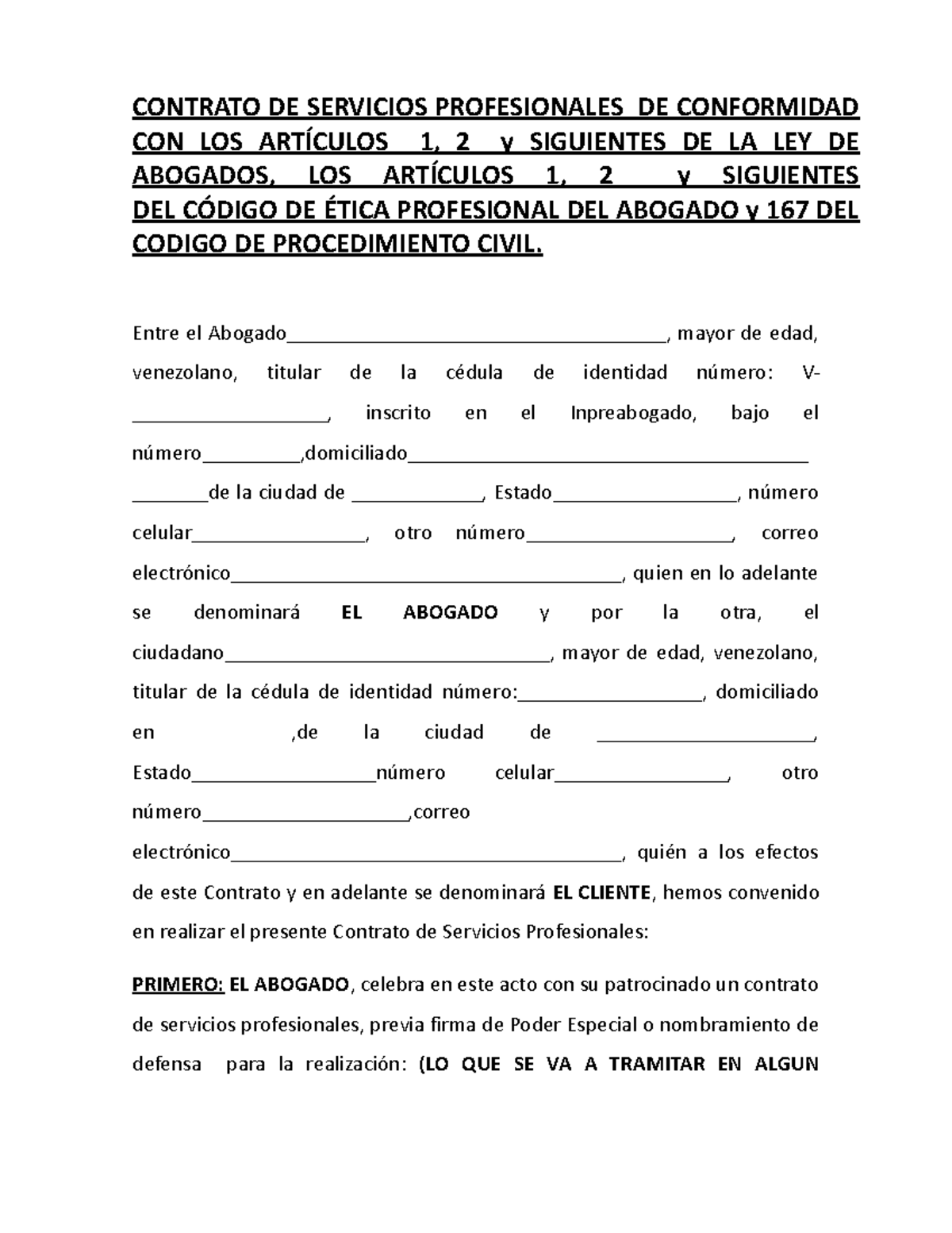 Contrato de Honorarios Profesionales: Servicios Legales en Venezuela ...