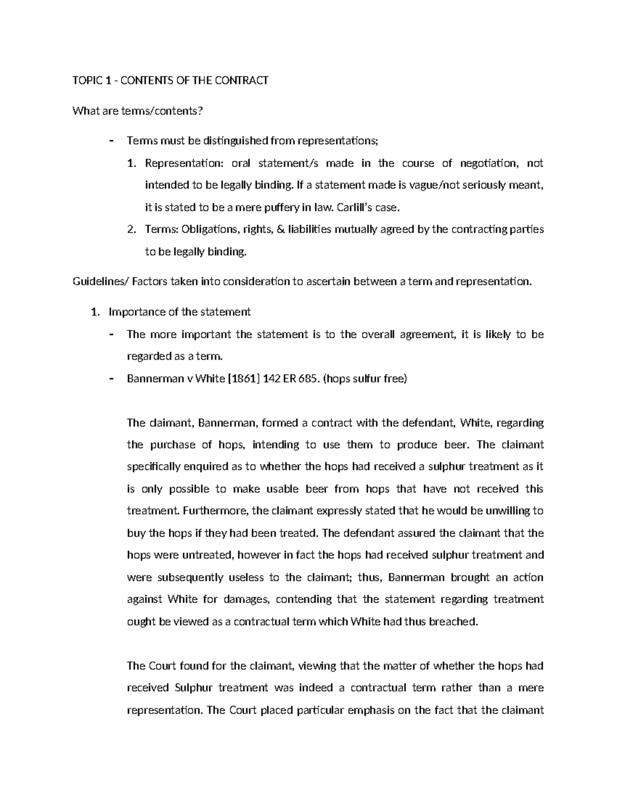 Contract Law: Distinguishing Terms from Representations - Studocu