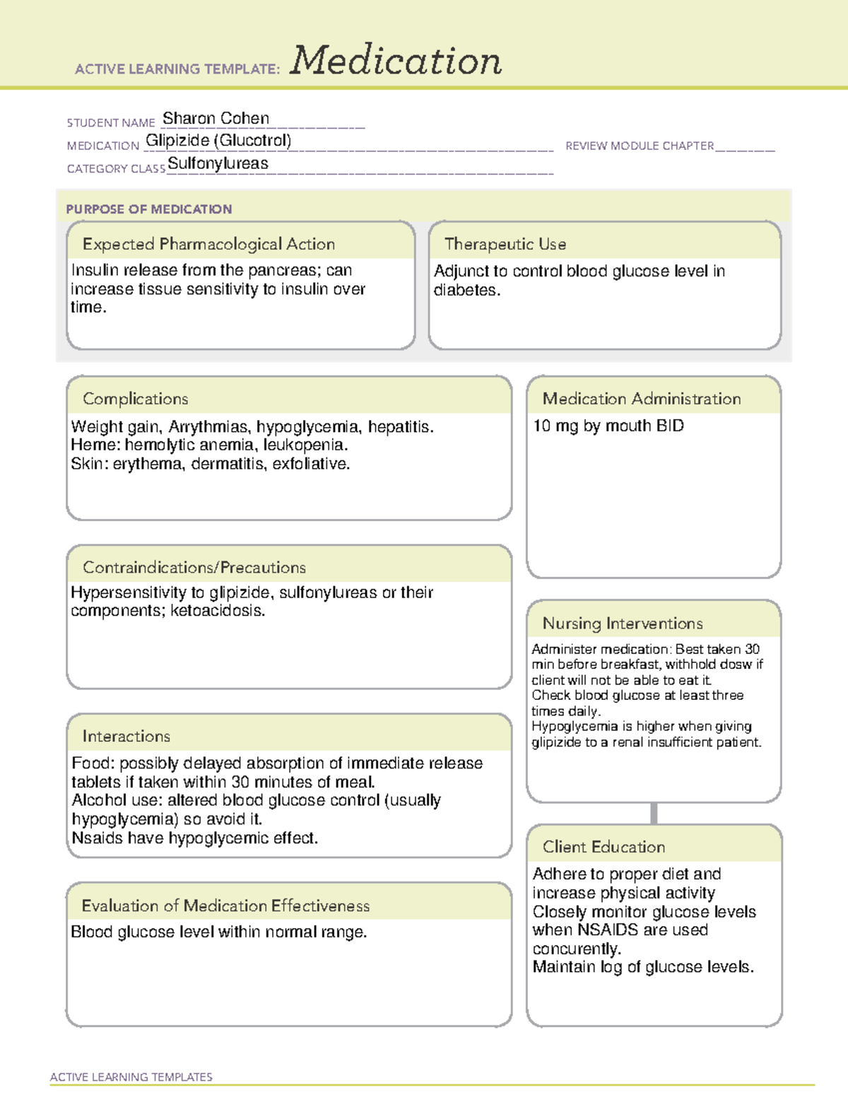 ALT Glipizide Active Learning Template for Nursing Education - Studocu