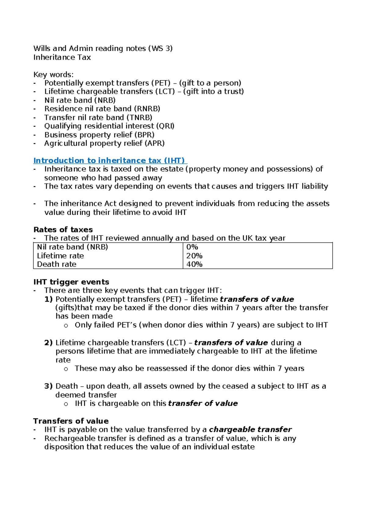 WS 3: Business Property Relief (BPR) and IHT Exemptions Overview - Studocu