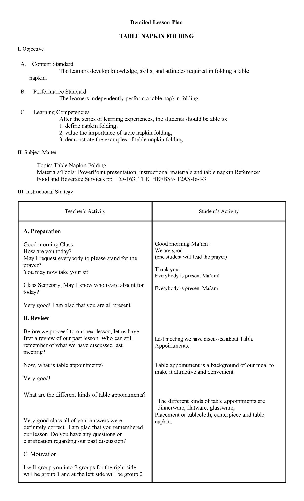 Christine DLP - Needed for ranking - Detailed Lesson Plan TABLE NAPKIN ...