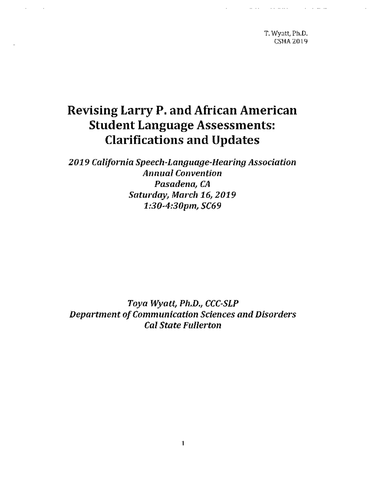 CSHA 2019: Revising Larry P. and African American Language Assessments ...