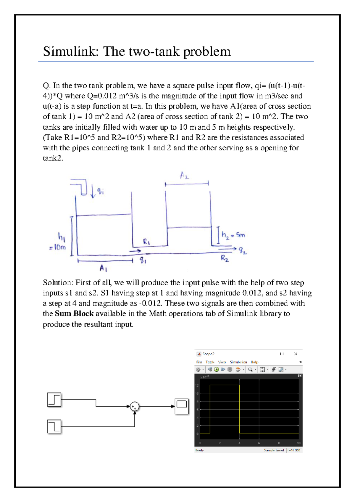 Simulink: Two Tank Problem Analysis and Simulation (Part 3) - Studocu