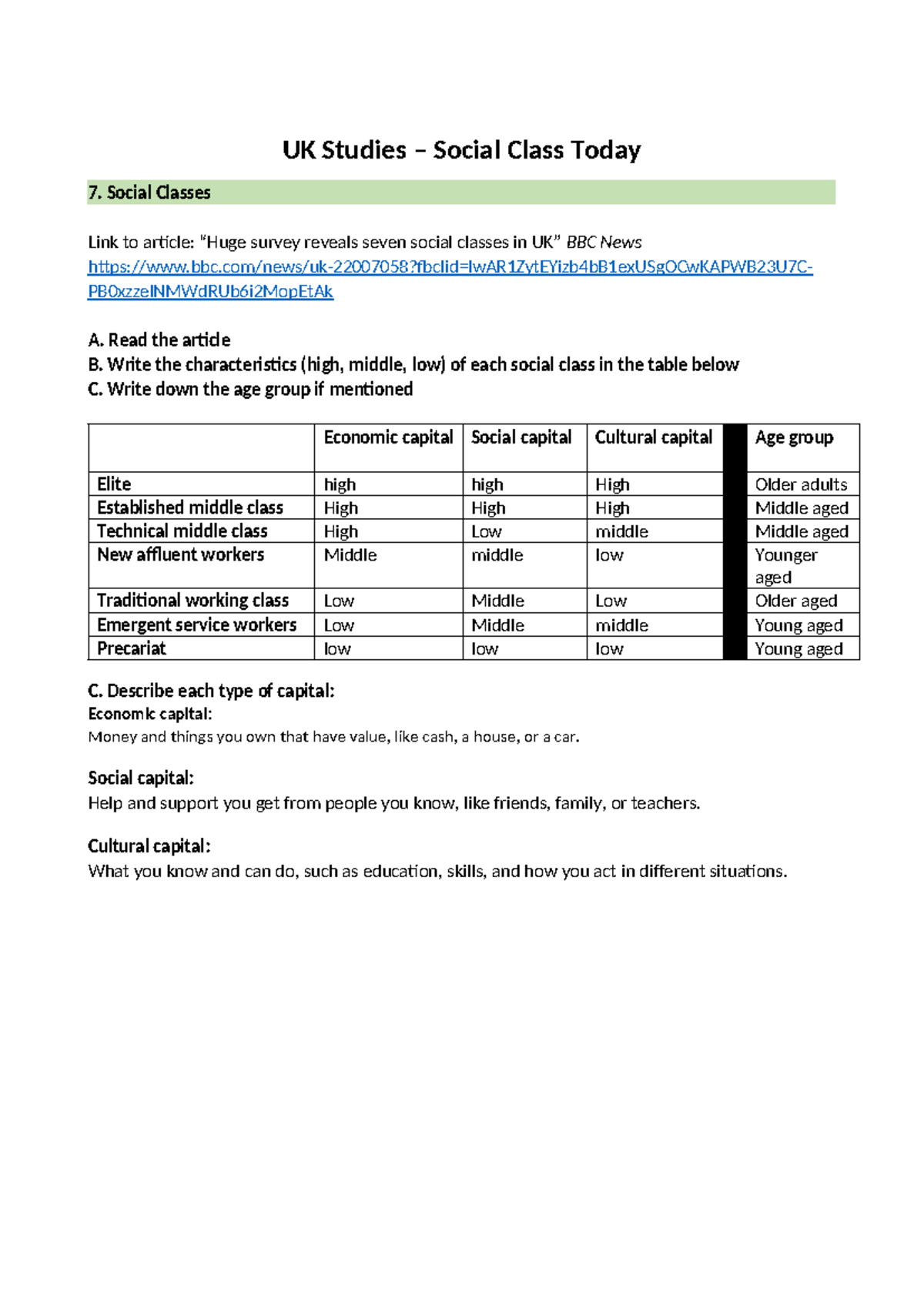 UK Studies: Social Classes Today - Characteristics & Capital Analysis ...