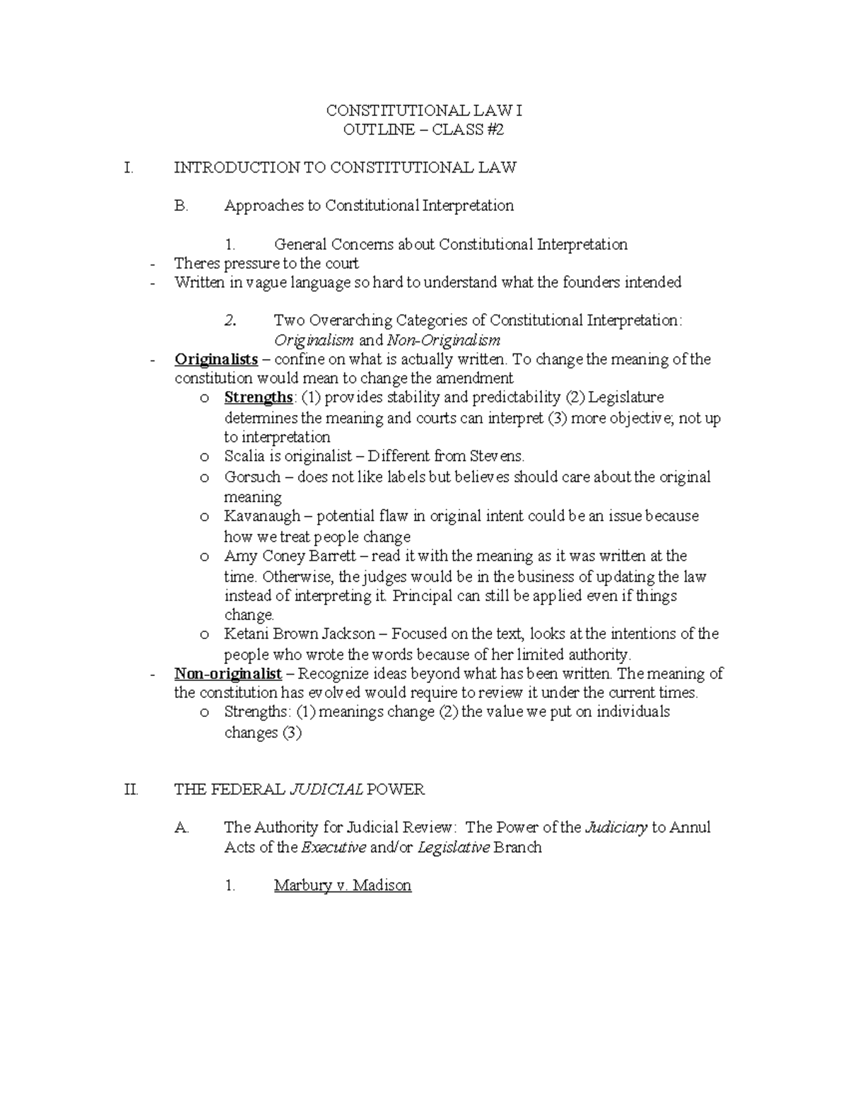 Constitutional Law I Outline: Approaches to Interpretation & Judicial ...
