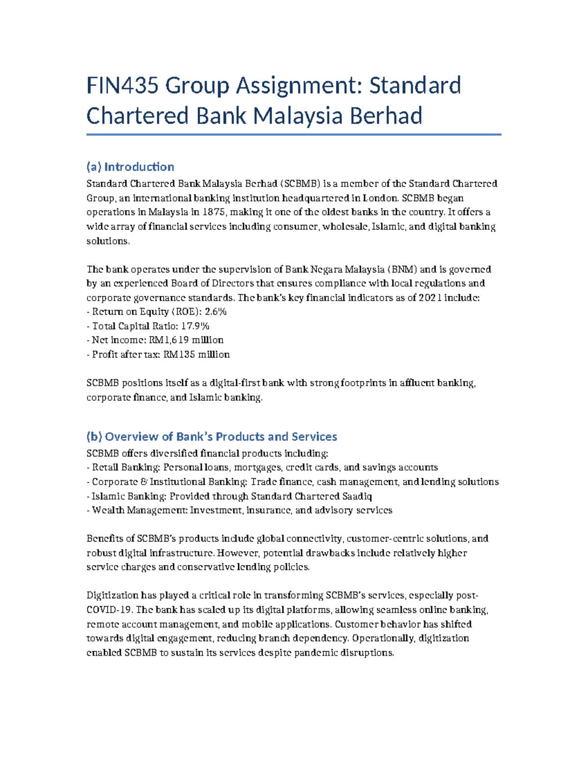 FIN435 Group Assignment: Overview of Standard Chartered Bank Malaysia -  Studocu