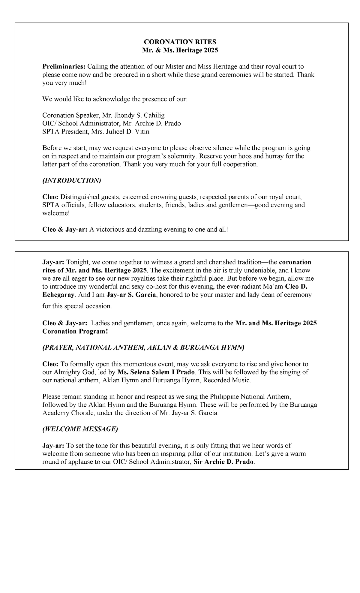 Mr. & Ms. Heritage 2025 Coronation Rites Script - Studocu