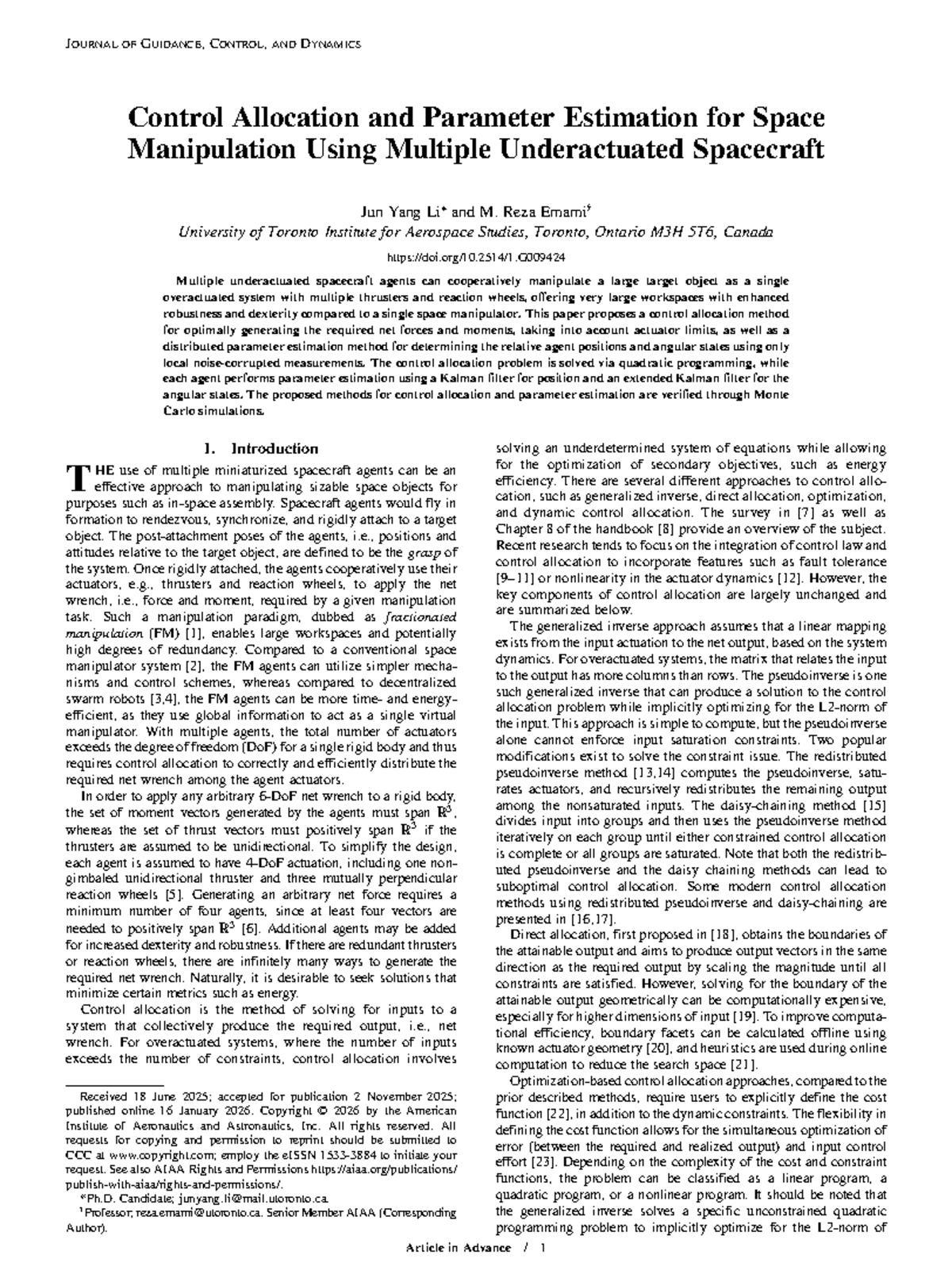 Control Allocation & Parameter Estimation for Space Manipulation (GNC ...