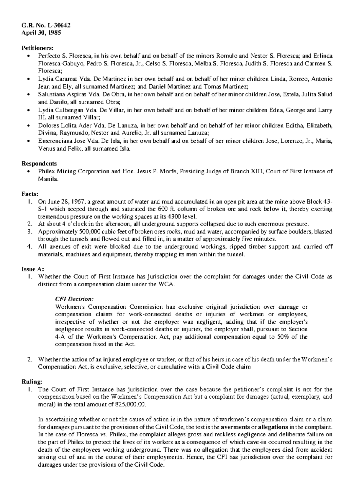 G.R. No. 10-Notes: Floresca vs. Philex Mining Corp. Case Analysis - Studocu