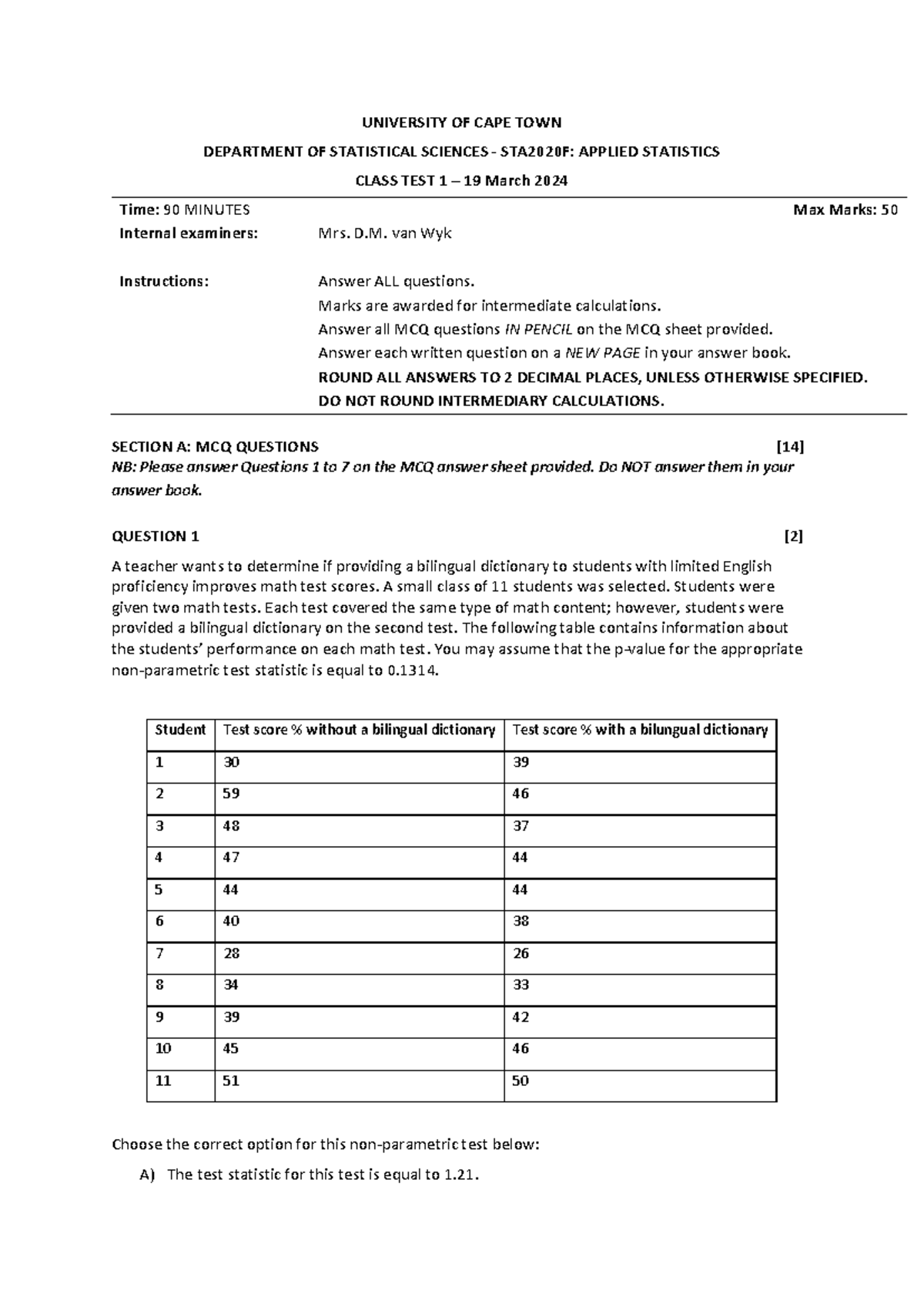 STA2020F: Applied Statistics Class Test 1 - March 2024 - Studocu