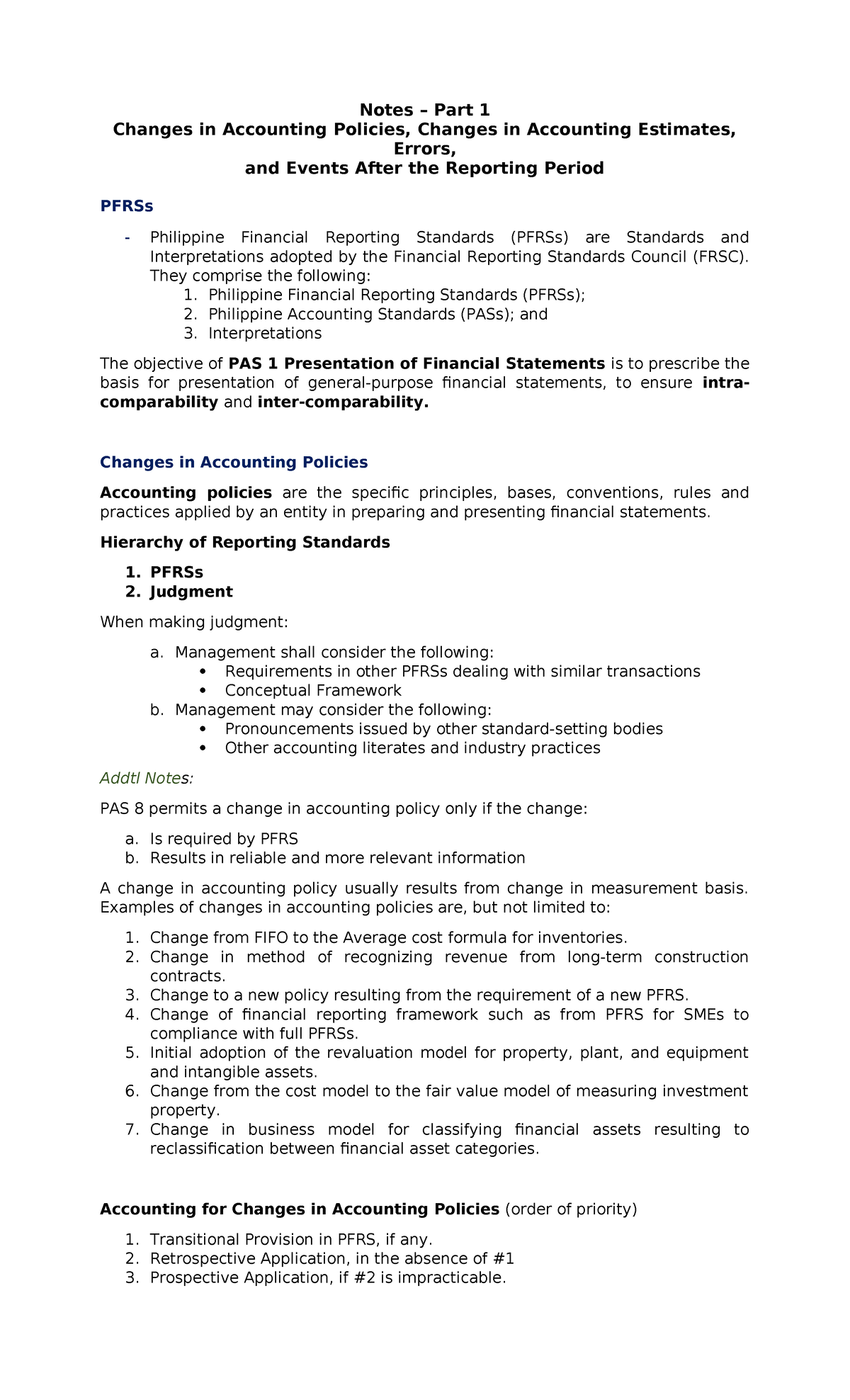 Notes Part 1: Changes in Accounting Policies, Estimates, and Errors ...