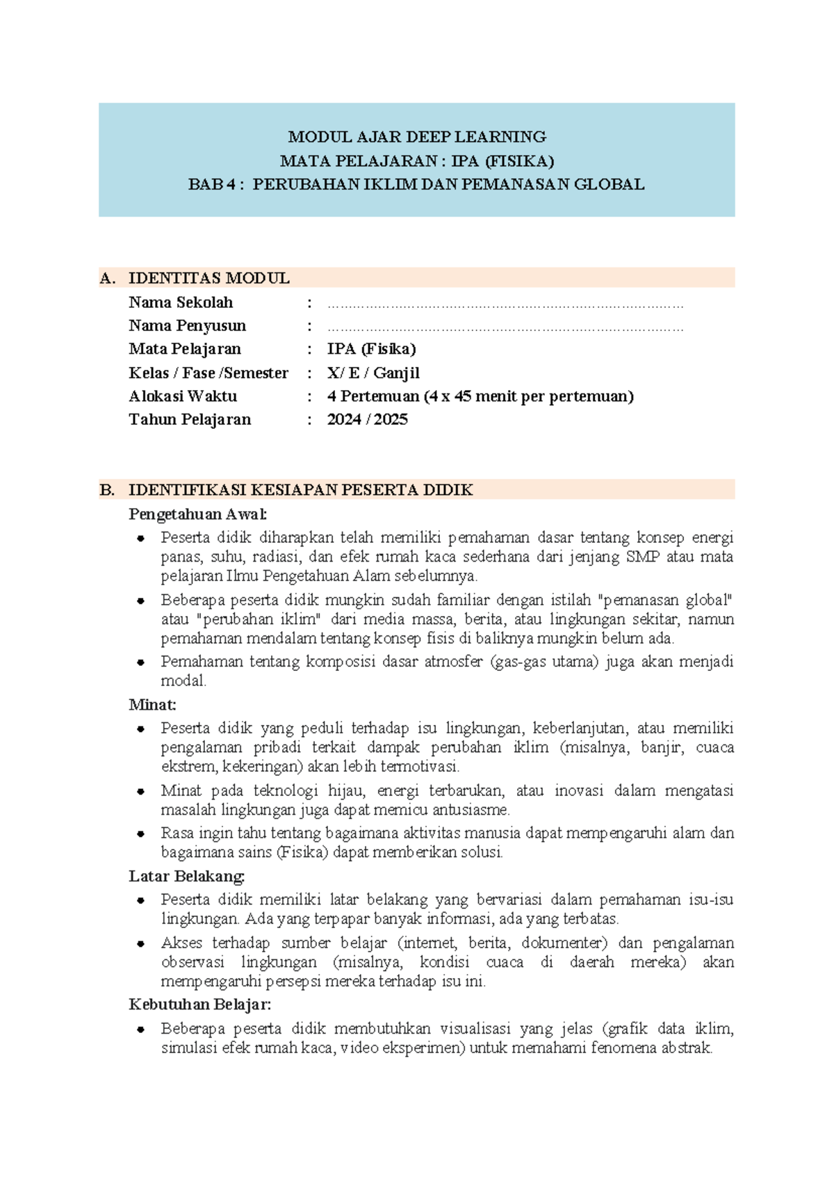 Modul Ajar Fisika: Perubahan Iklim & Pemanasan Global (IPA E) - Document Preview