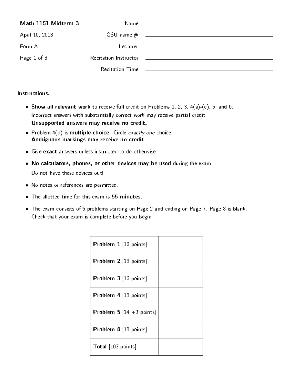 Math 1151 Sample Midterm 3 - SP 2018 Exam Review - Studocu