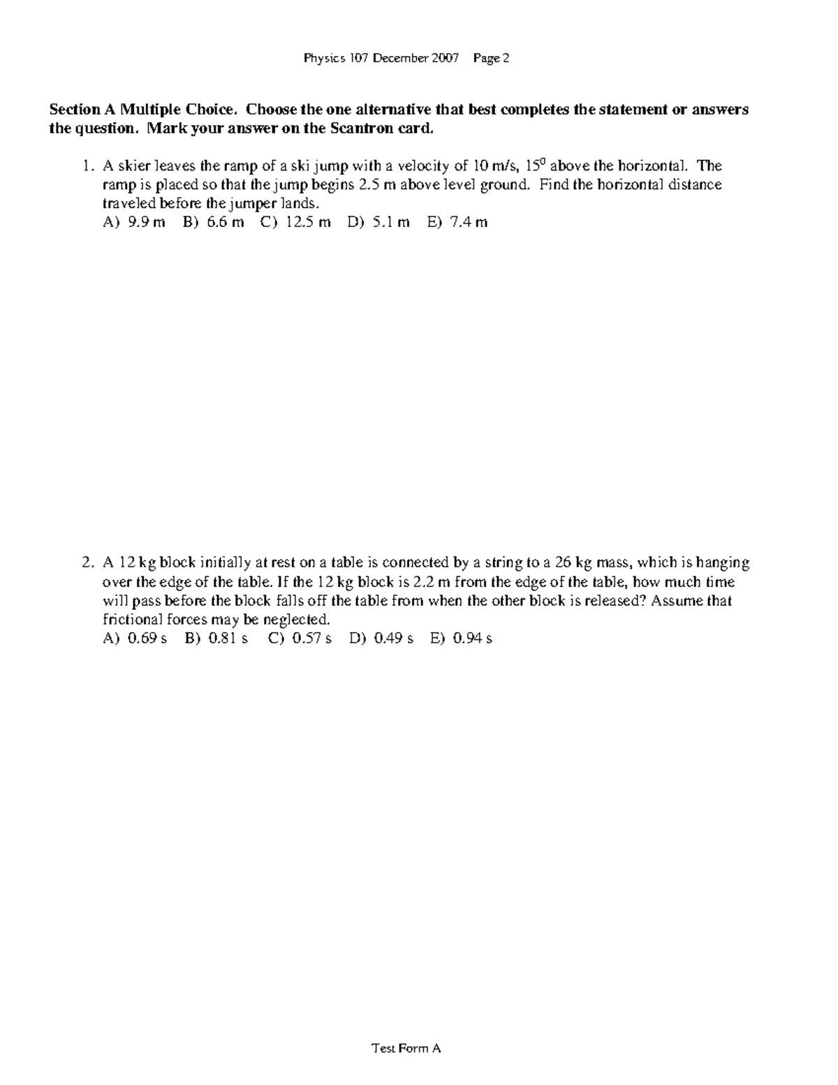 PHYS115 - 2007 Final Exam Multiple Choice Answers and Solutions - Studocu