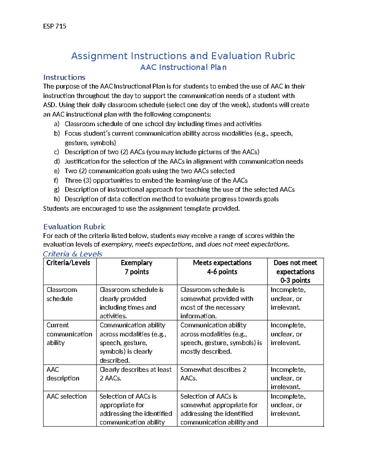 ESP 715 Assignment - AAC Instructional Planning & Evaluation Guide ...