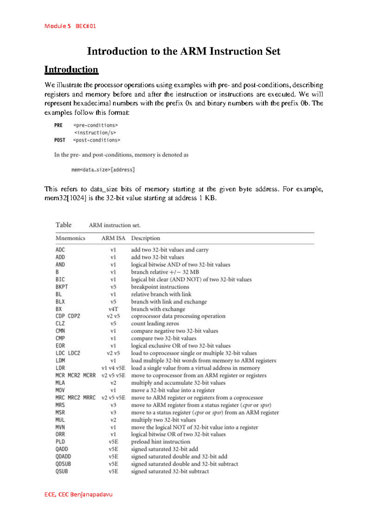 Module 5 Notes on ARM Instruction Set - BEC601 - Studocu