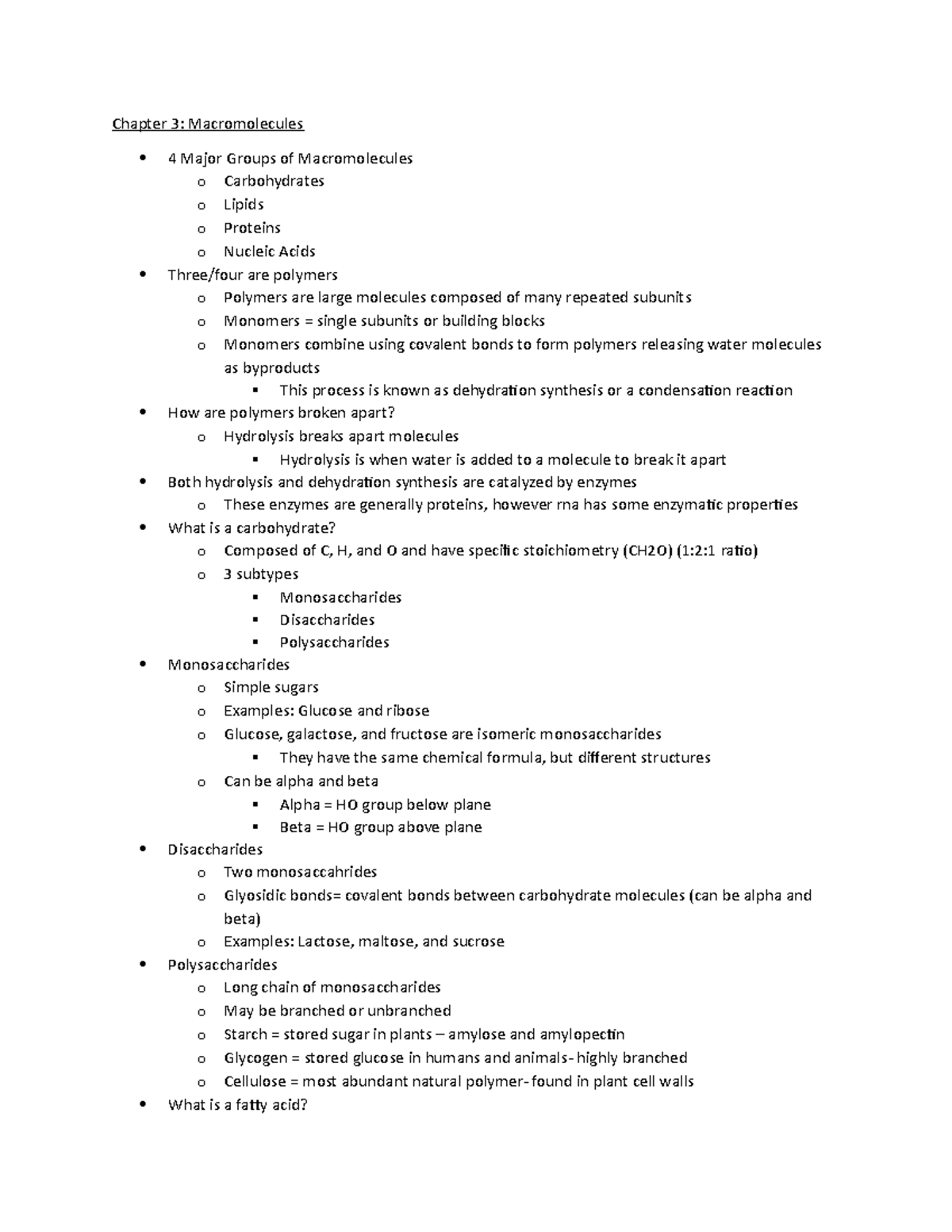 Chapter 3 Notes - Chapter 3: Macromolecules 4 Major Groups of ...