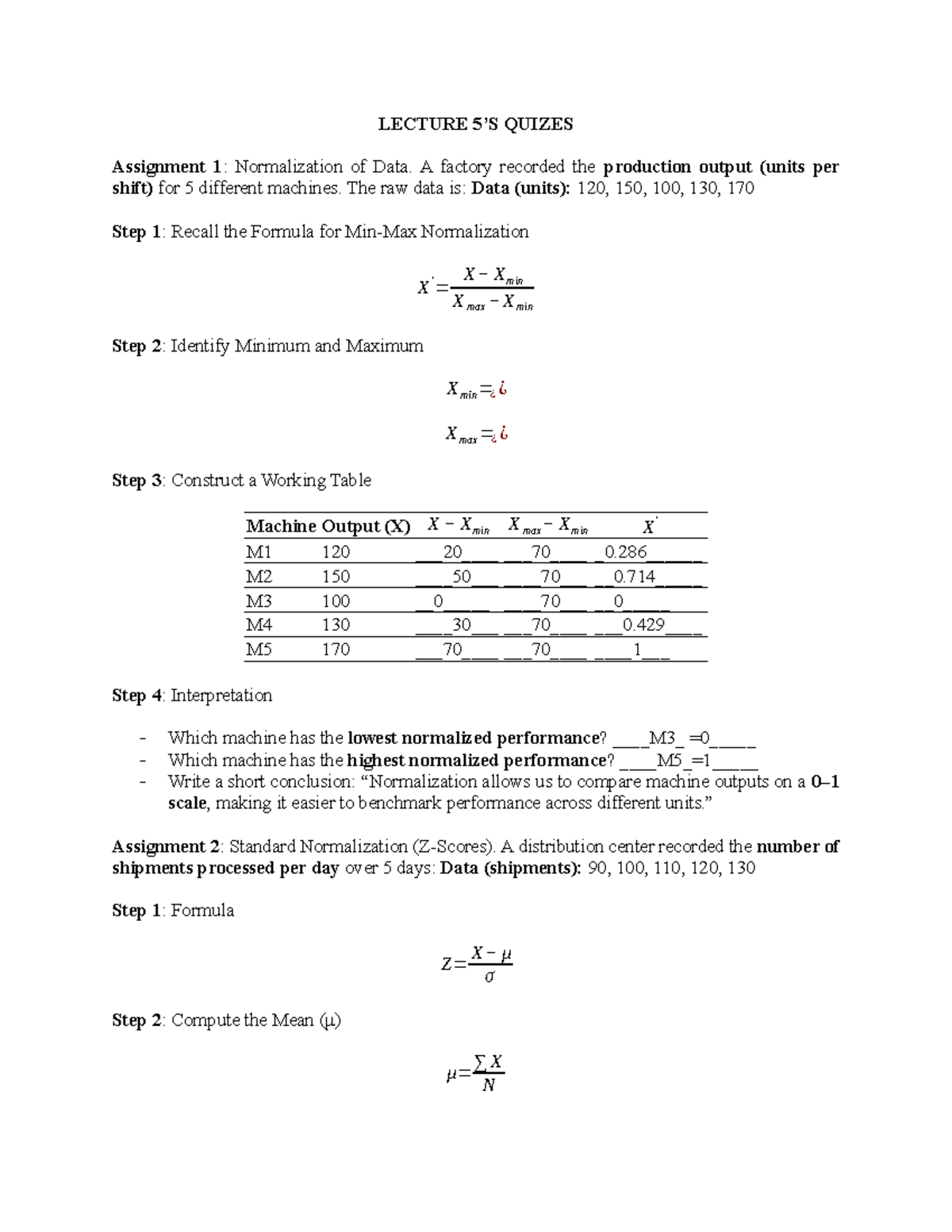 ENG PROB AND STAT LECTURE 5 QUIZZES: DATA NORMALIZATION & ANALYSIS ...