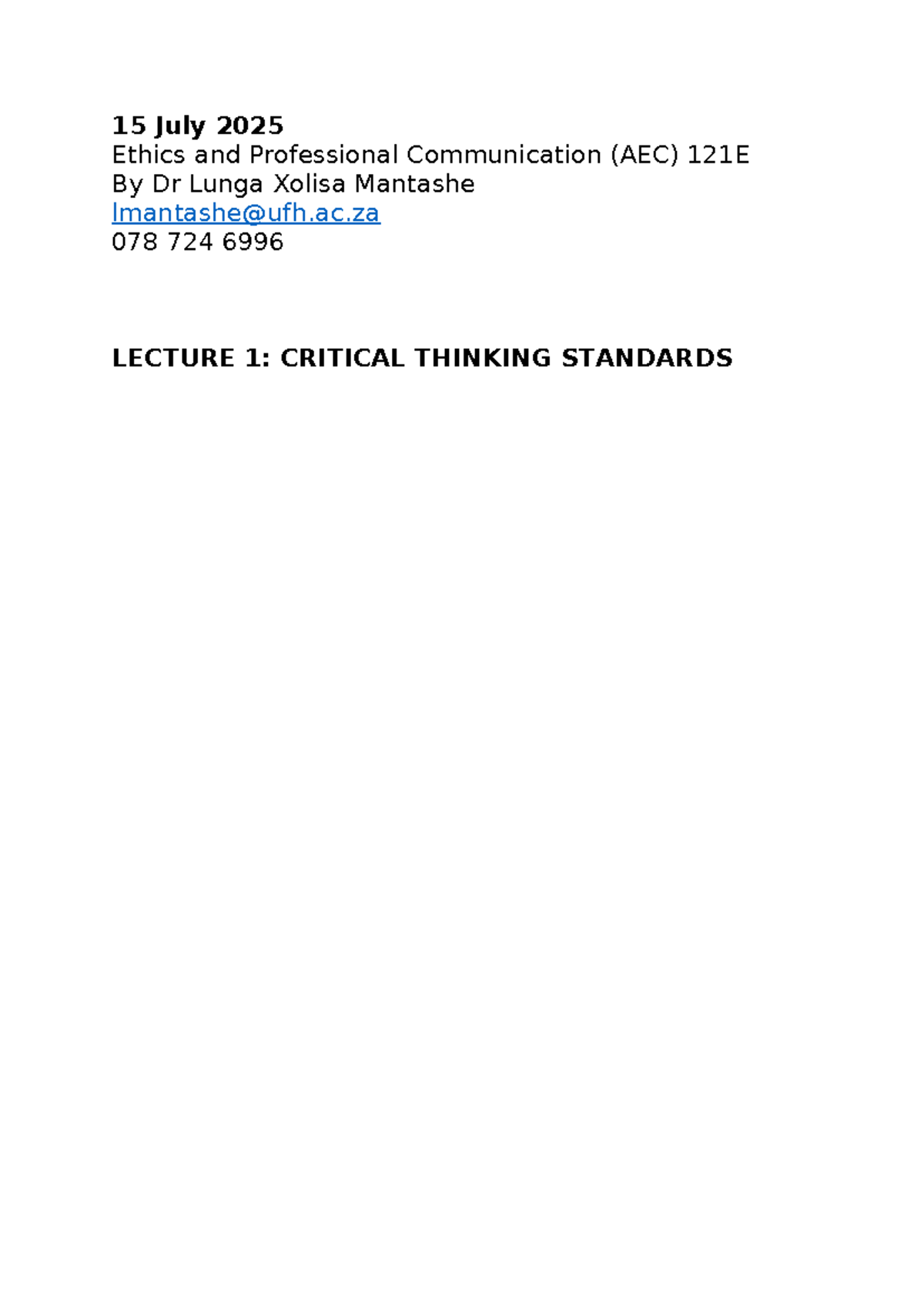 AEC 121E - Lecture 1: Critical Thinking Standards Overview - Studocu