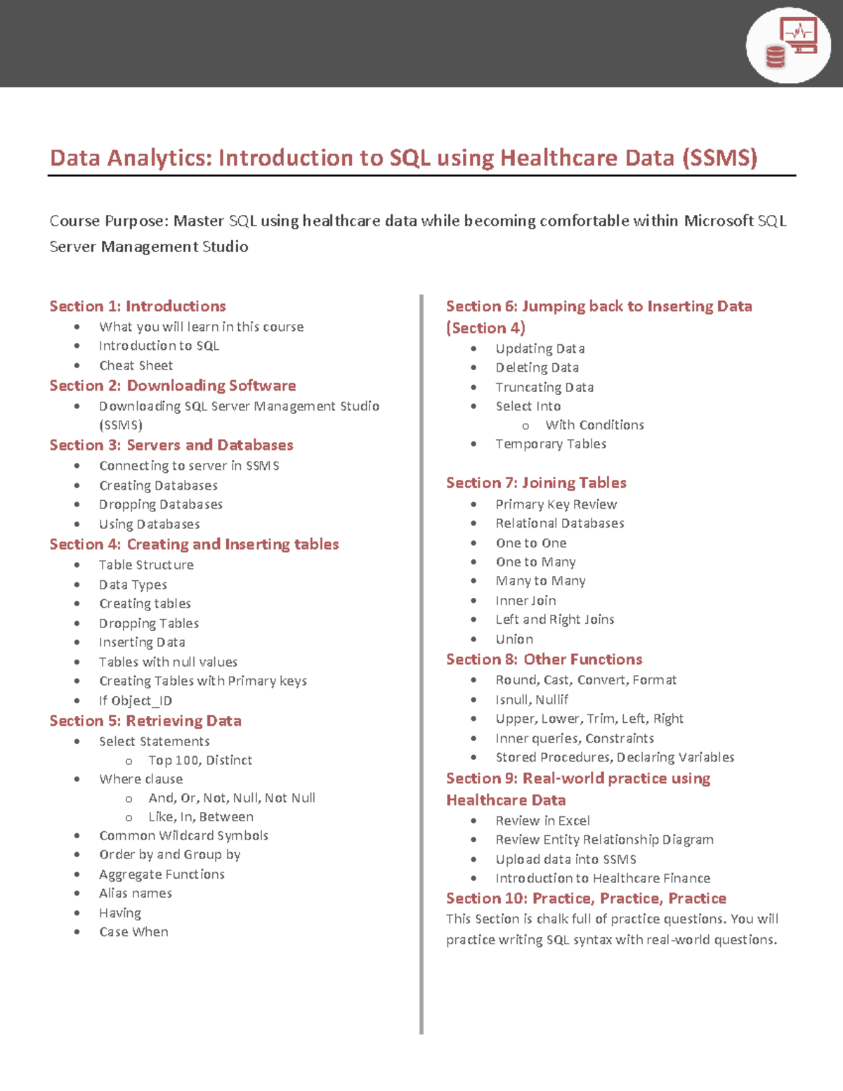 Data Analytics: Intro to SQL with Healthcare Data Syllabus (SSMS) - Studocu