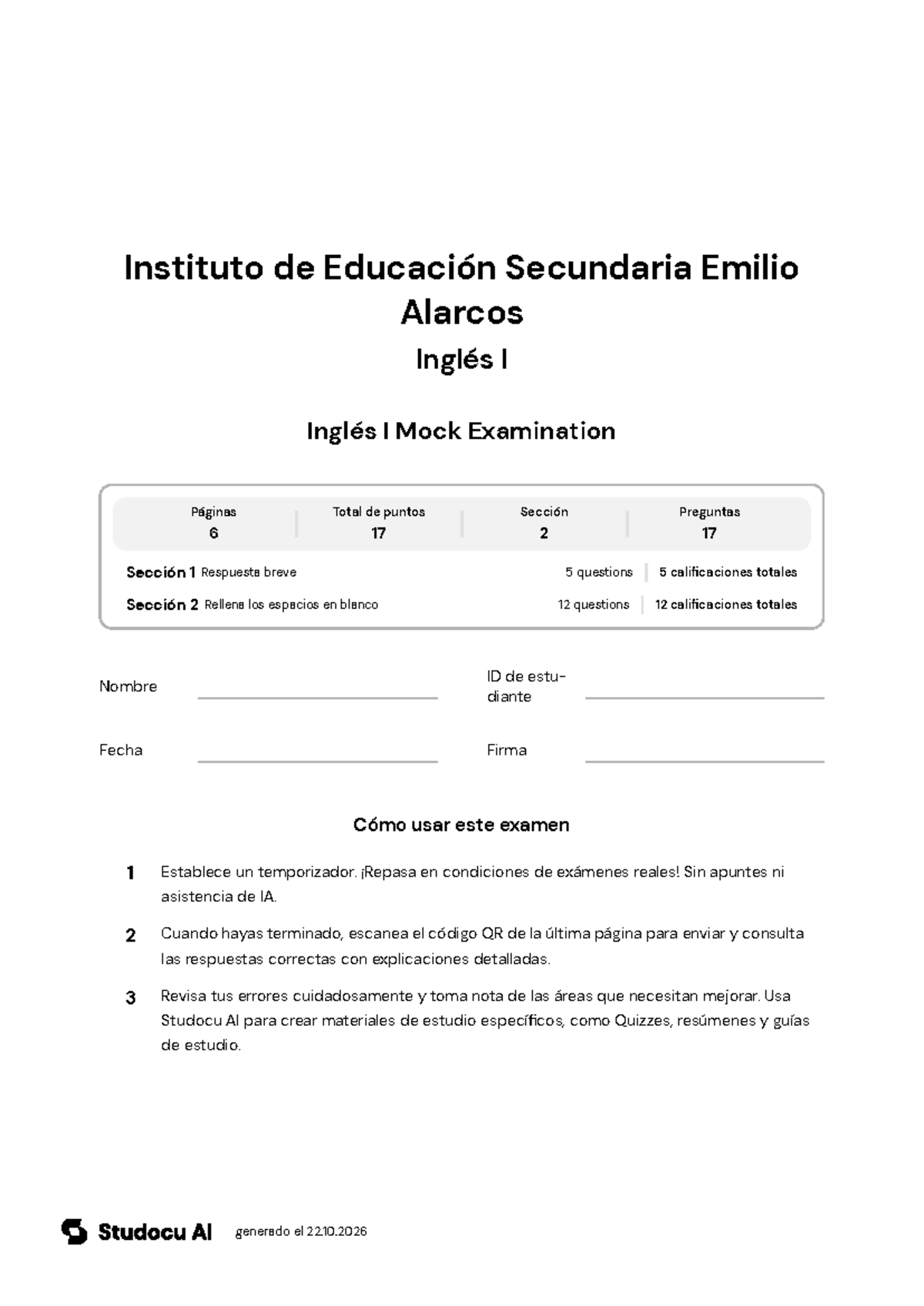 Inglés I Mock Exam: Irregular Verbs & Vocabulary - Studocu