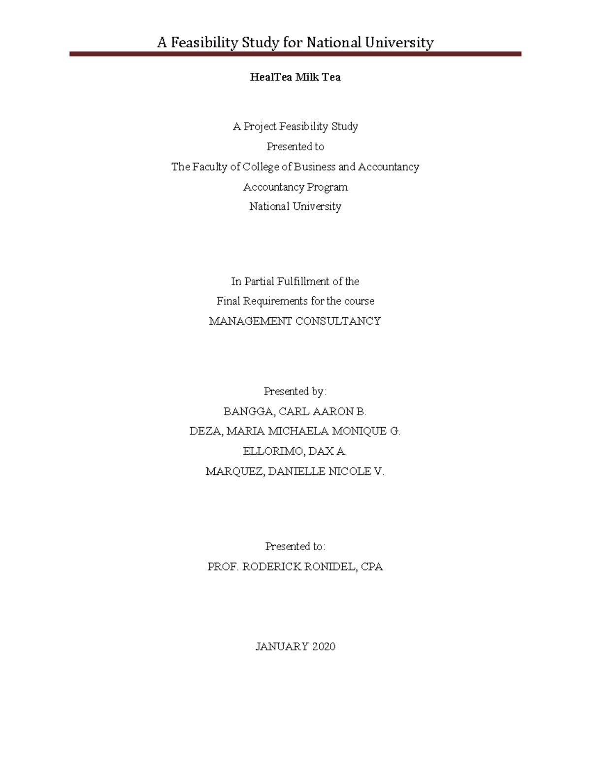 Feasibility Study on HealTea Milk Tea for MANAGEMENT CONSULTANCY - Studocu