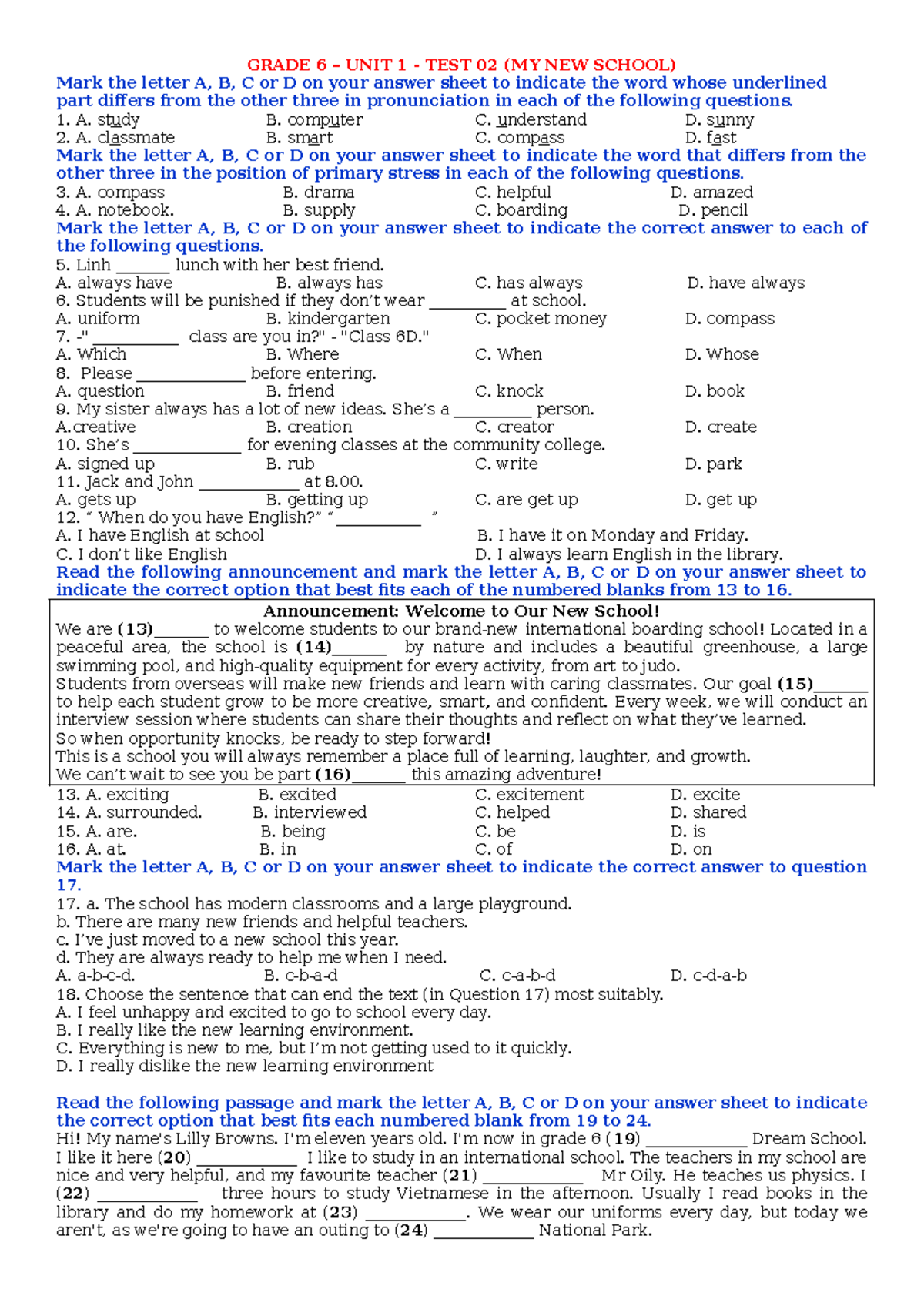 MINI TEST 6 – U1 - GRADE 6 UNIT 1 TEST (MY NEW SCHOOL) - Studocu
