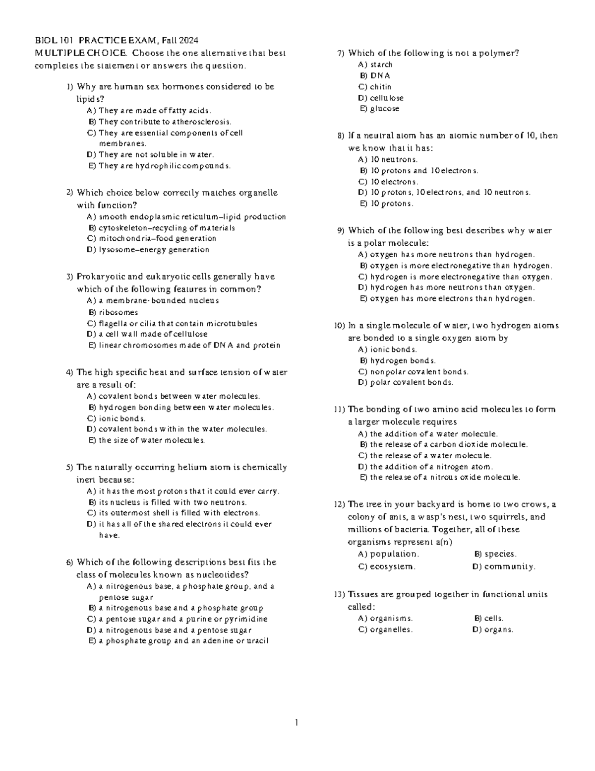 BIOL 101 PRACTICE EXAM, Fall 2025: MCQ Review Guide - Studocu