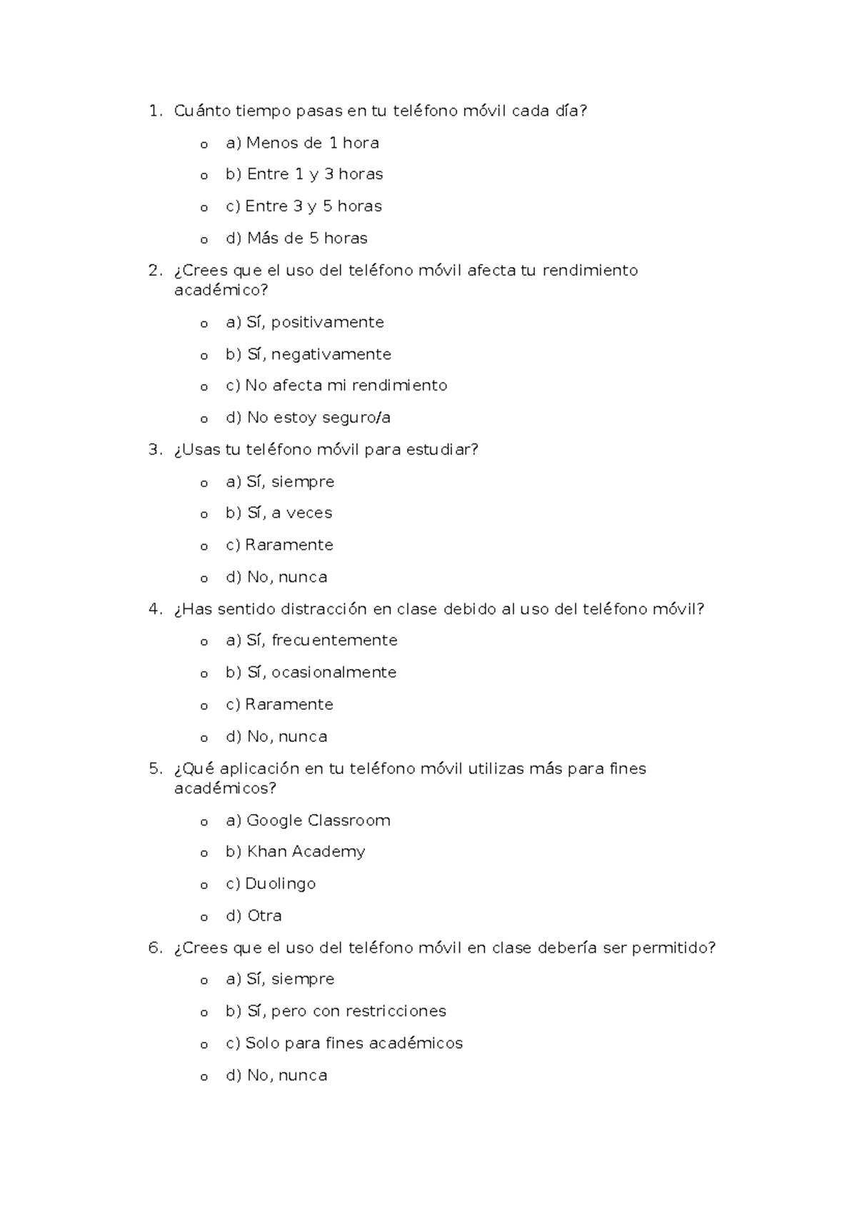 Encuesta sobre el Uso de Celulares en el Rendimiento Académico - Document Preview