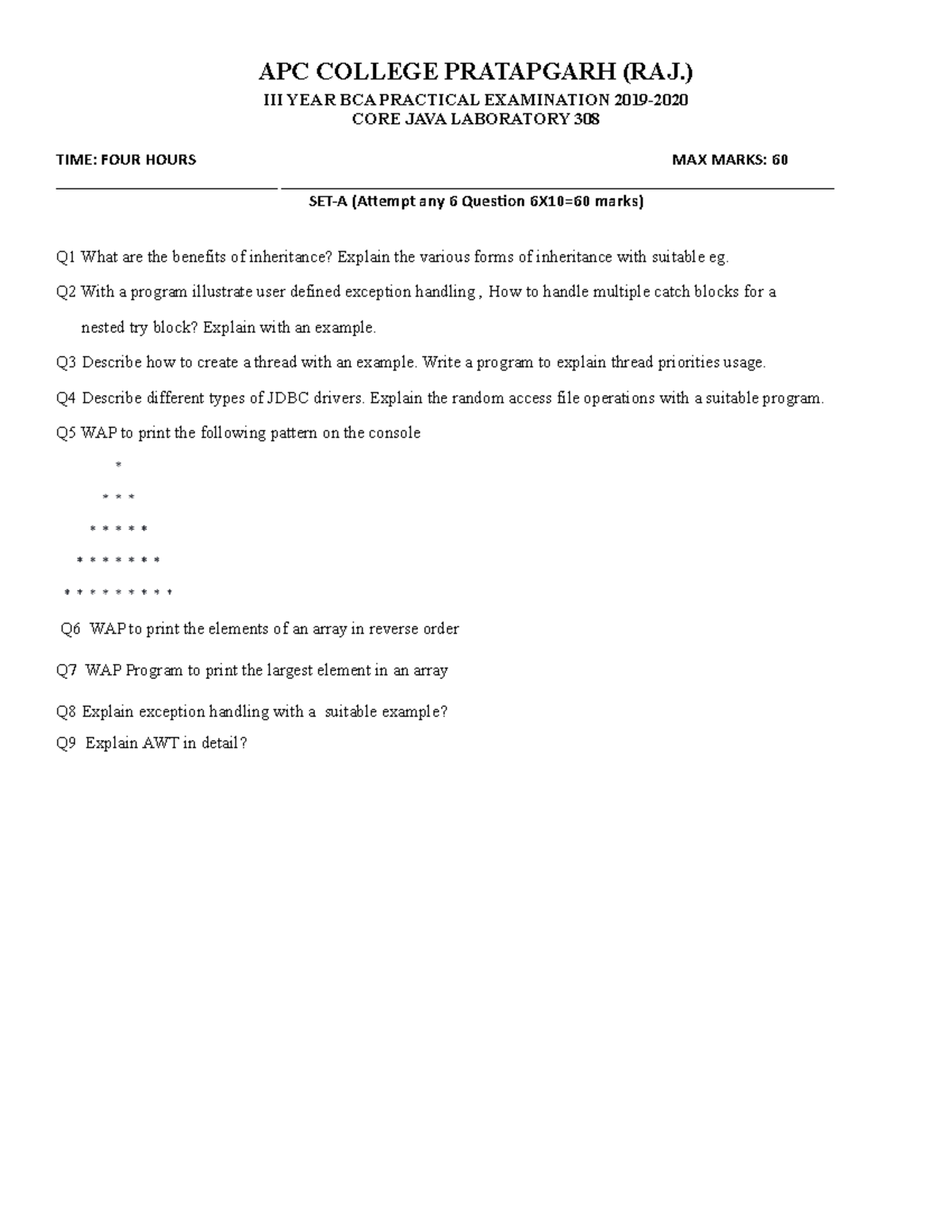 BCA III Year Core Java & Networking Lab Practical Exam Questions - Studocu