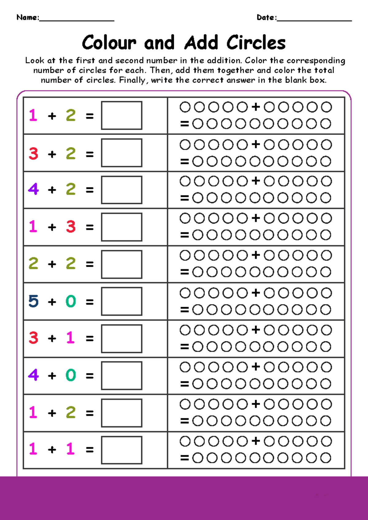 Color and Add Circles - Kindergarten Worksheet - Name: Date: Colour and ...