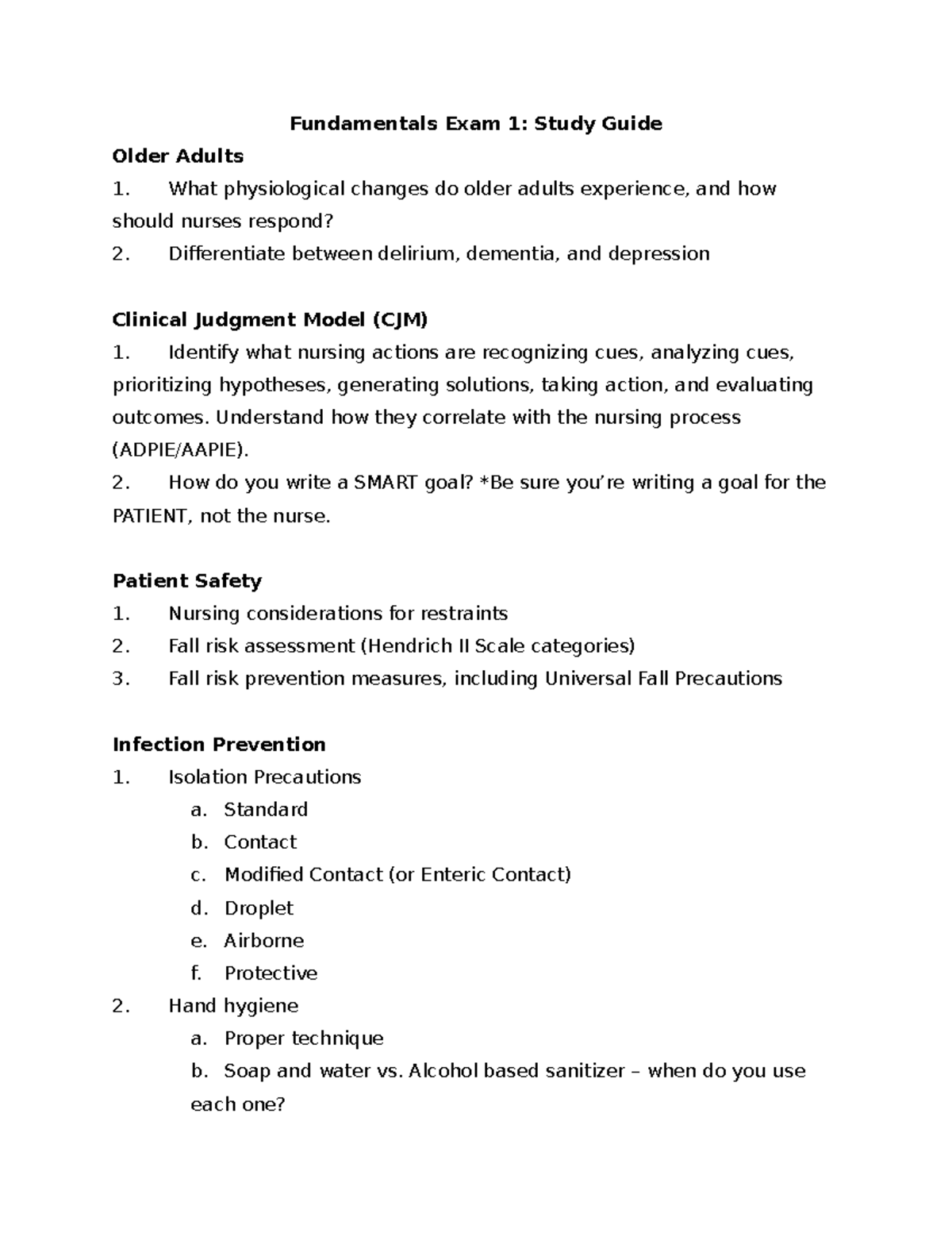 Foundations Exam 1: Study Guide for Older Adults and Nursing Care - Studocu