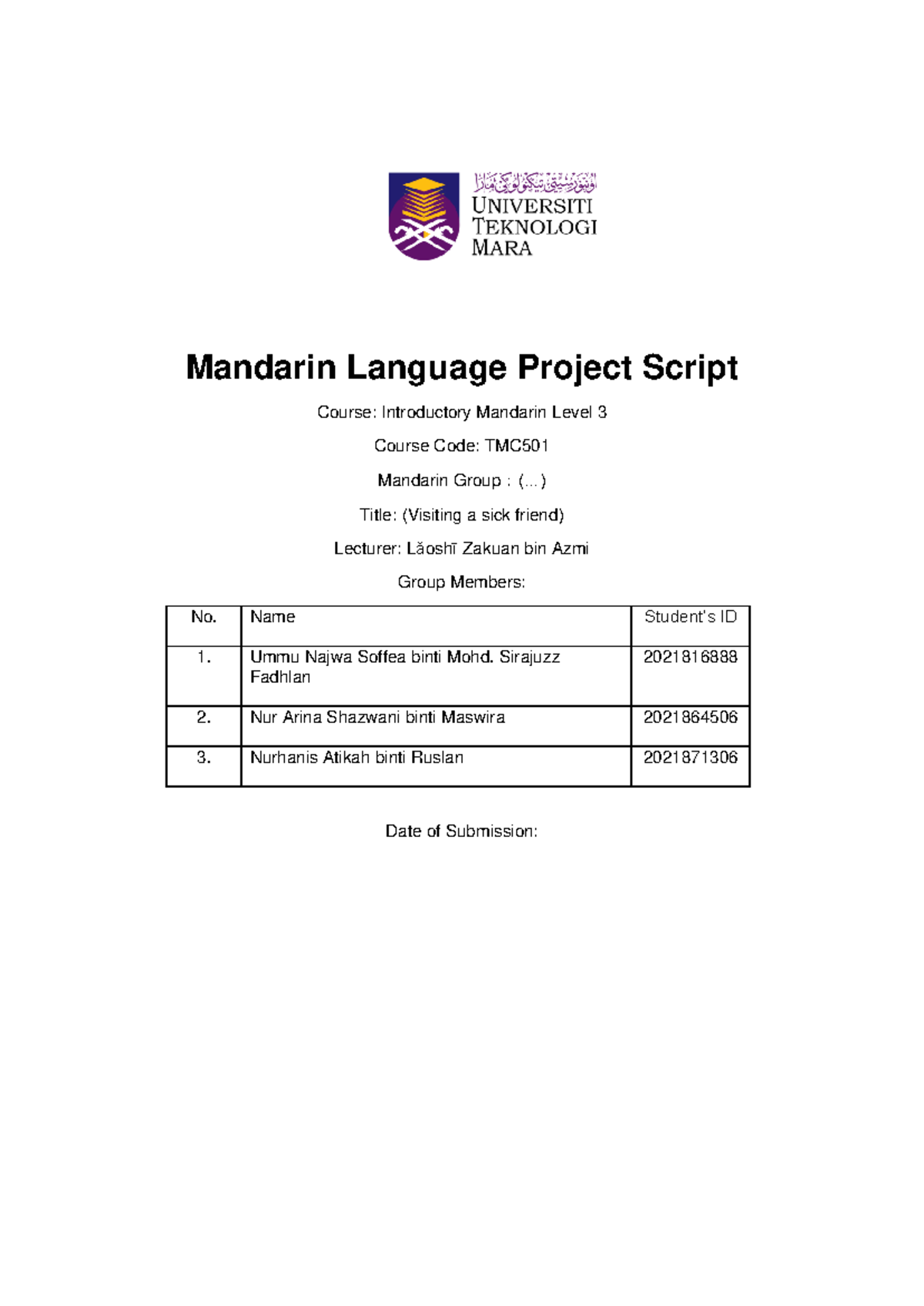 TMC501 Roleplay Script Ummu Rina Ika - Mandarin Language Project Script ...