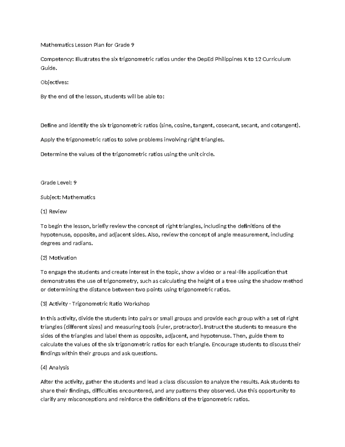Mathematics Lesson Plan: Six Trigonometric Ratios (Code: M9GE-IVa ...