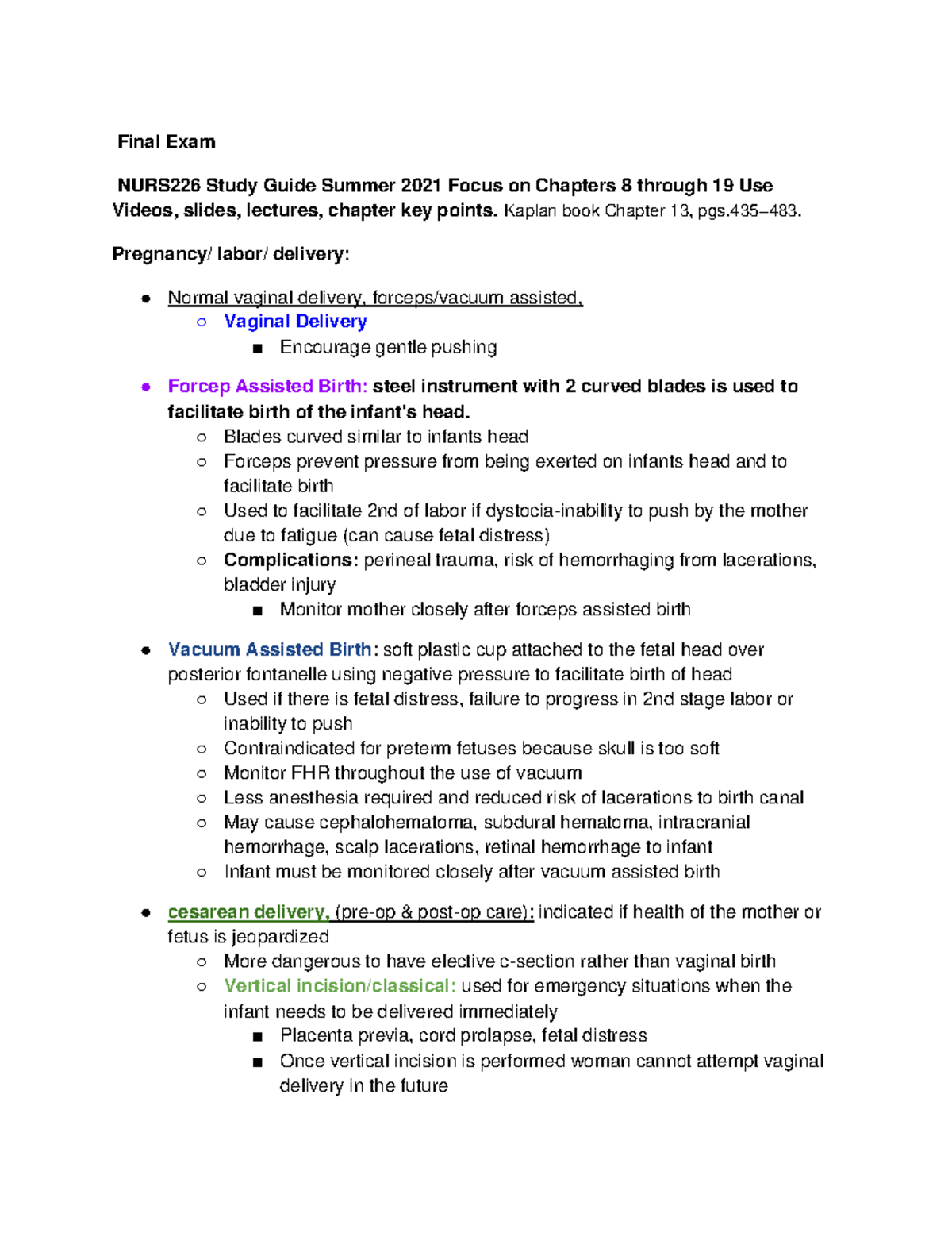 Maternity Final Exam Blueprint - Final Exam NURS226 Study Guide Summer ...