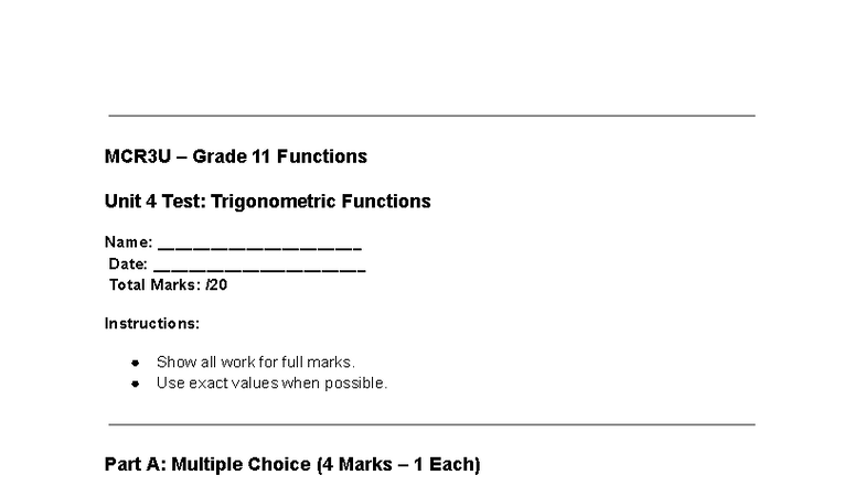 MCR3U – Grade 11 Functions Unit 4 Test: Trigonometric Functions - Studocu