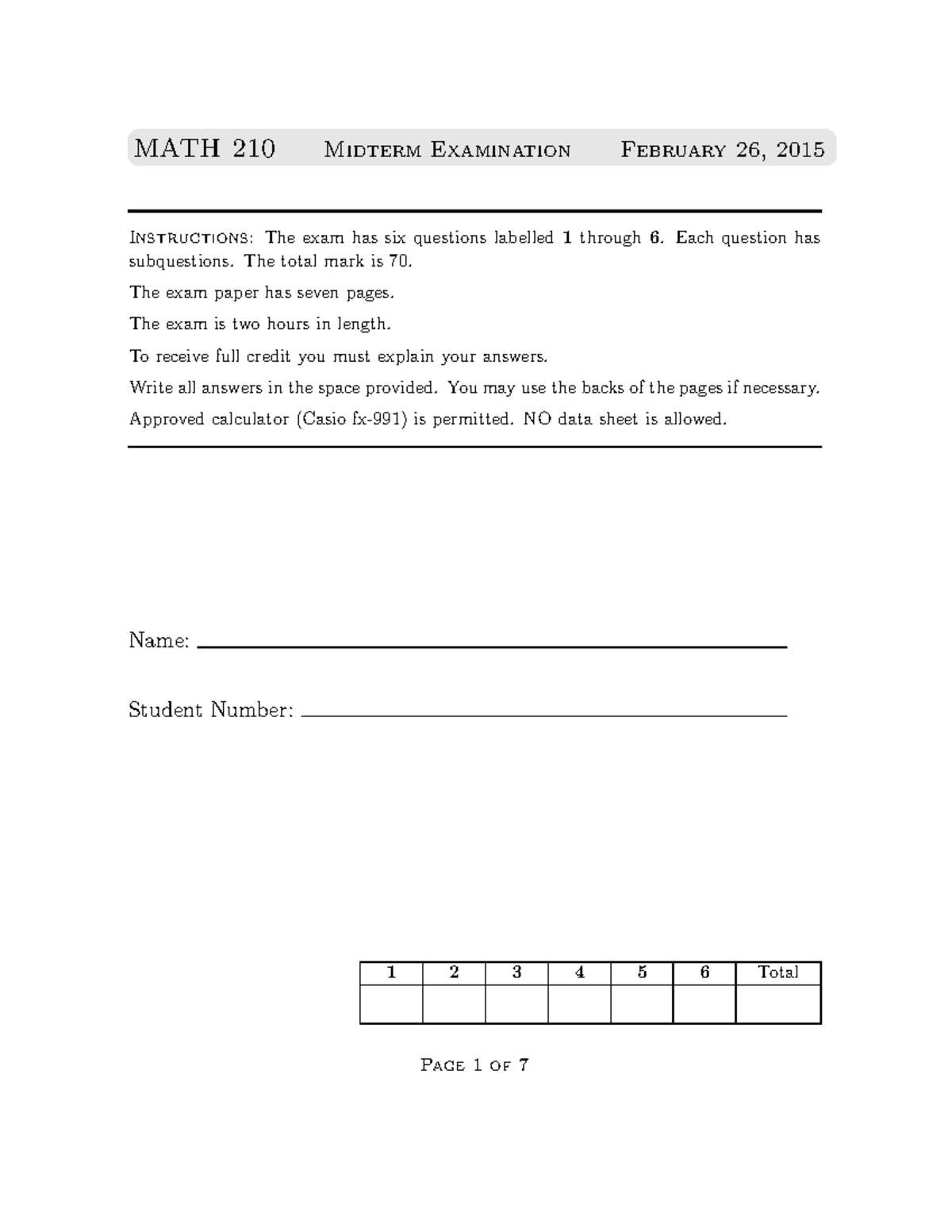 Mid-term Exam 2015, Questions and answers - MATH 210 Midterm ...