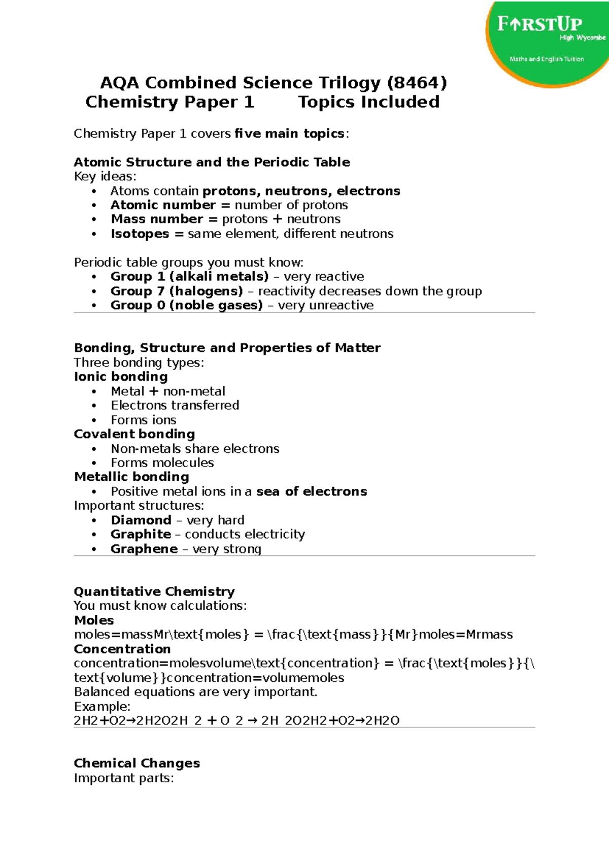 AQA Combined Science Trilogy (8464) Chemistry Paper 1 Key Topics - Studocu