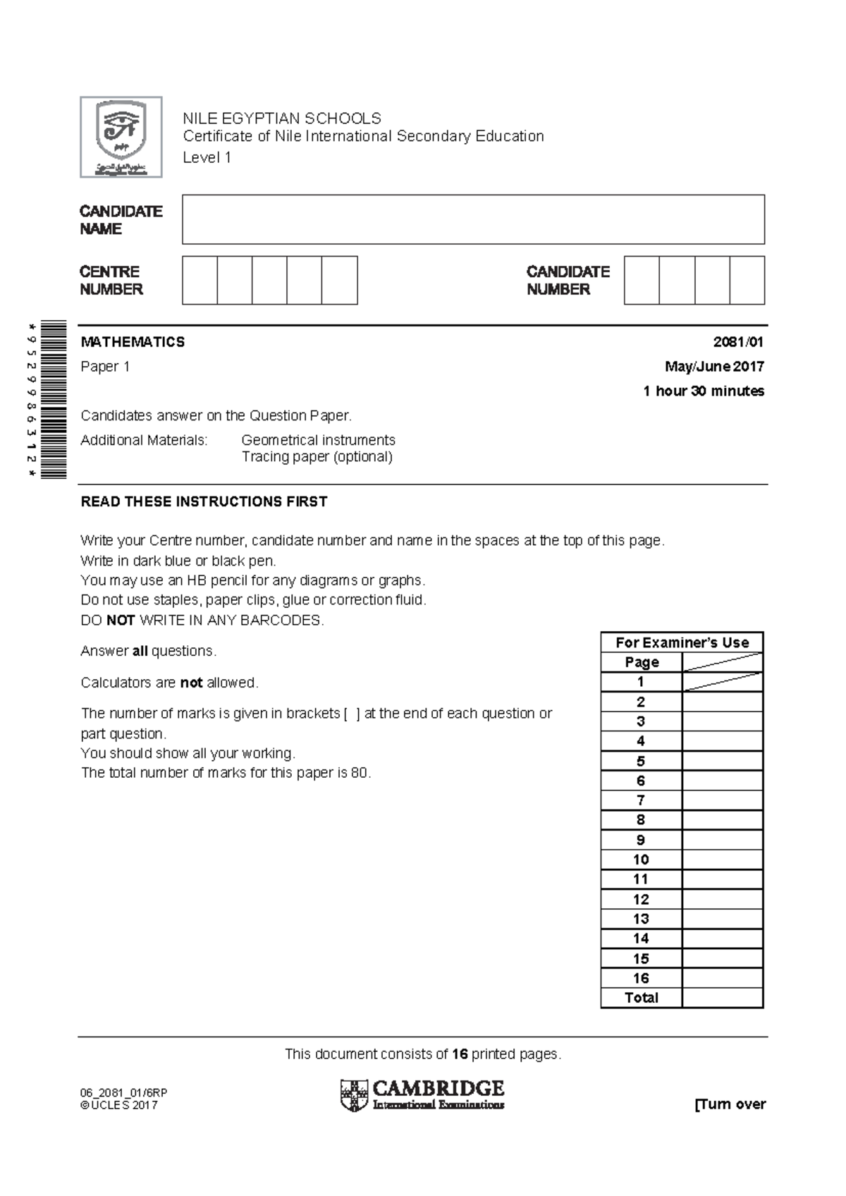 NILE EGYPTIAN SCHOOLS 2017 Level 1 MATHEMATICS Paper 1 Answers - Studocu