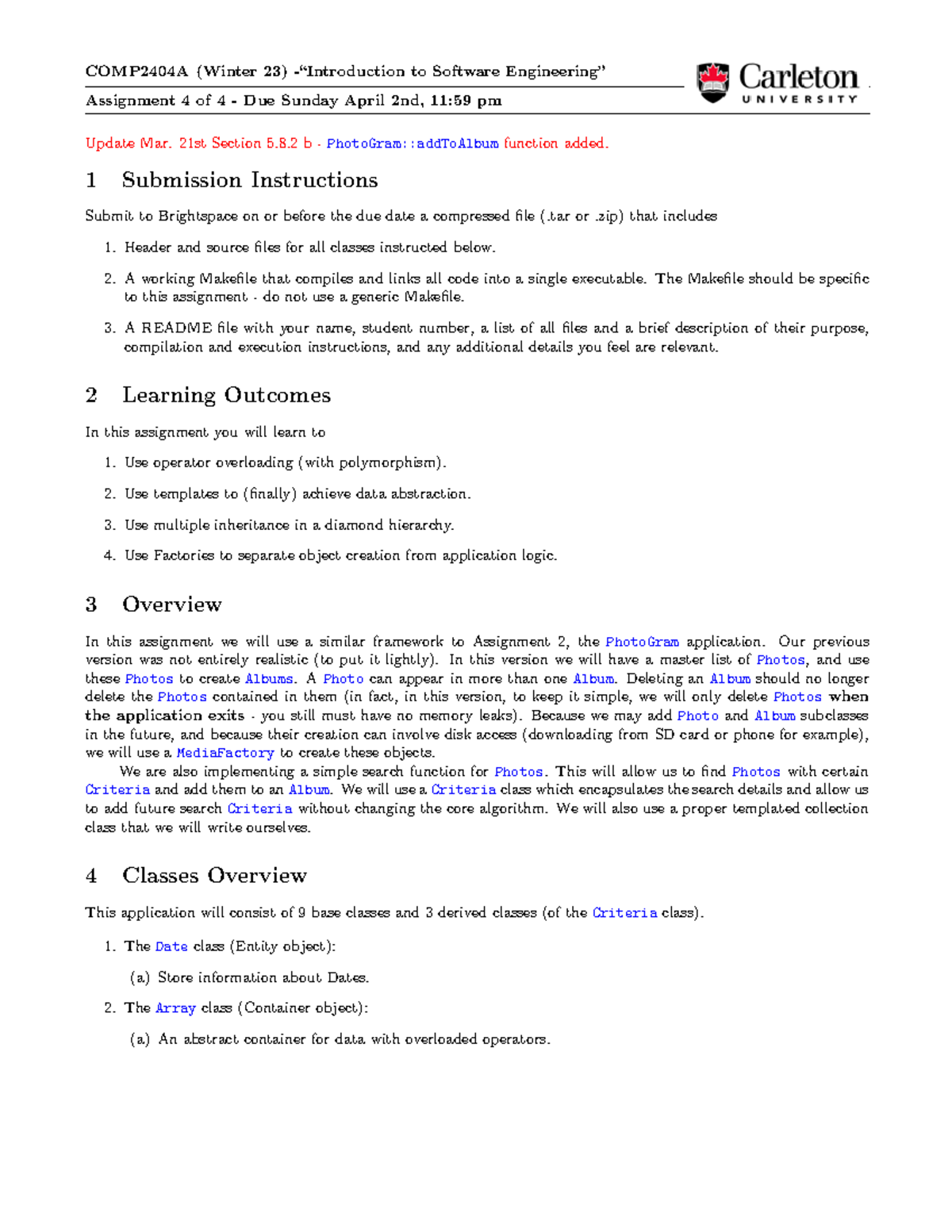 COMP2404A Winter 23 - Software Assignment 4 Submission Guidelines and ...