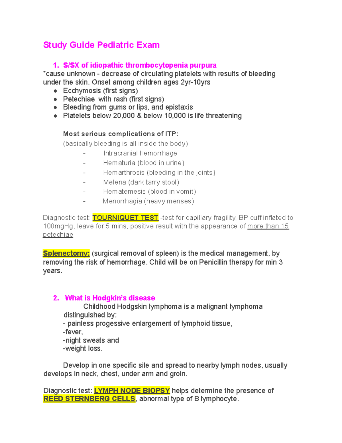 Pediatric Exam Study Guide: Key Concepts and Clinical Interventions ...