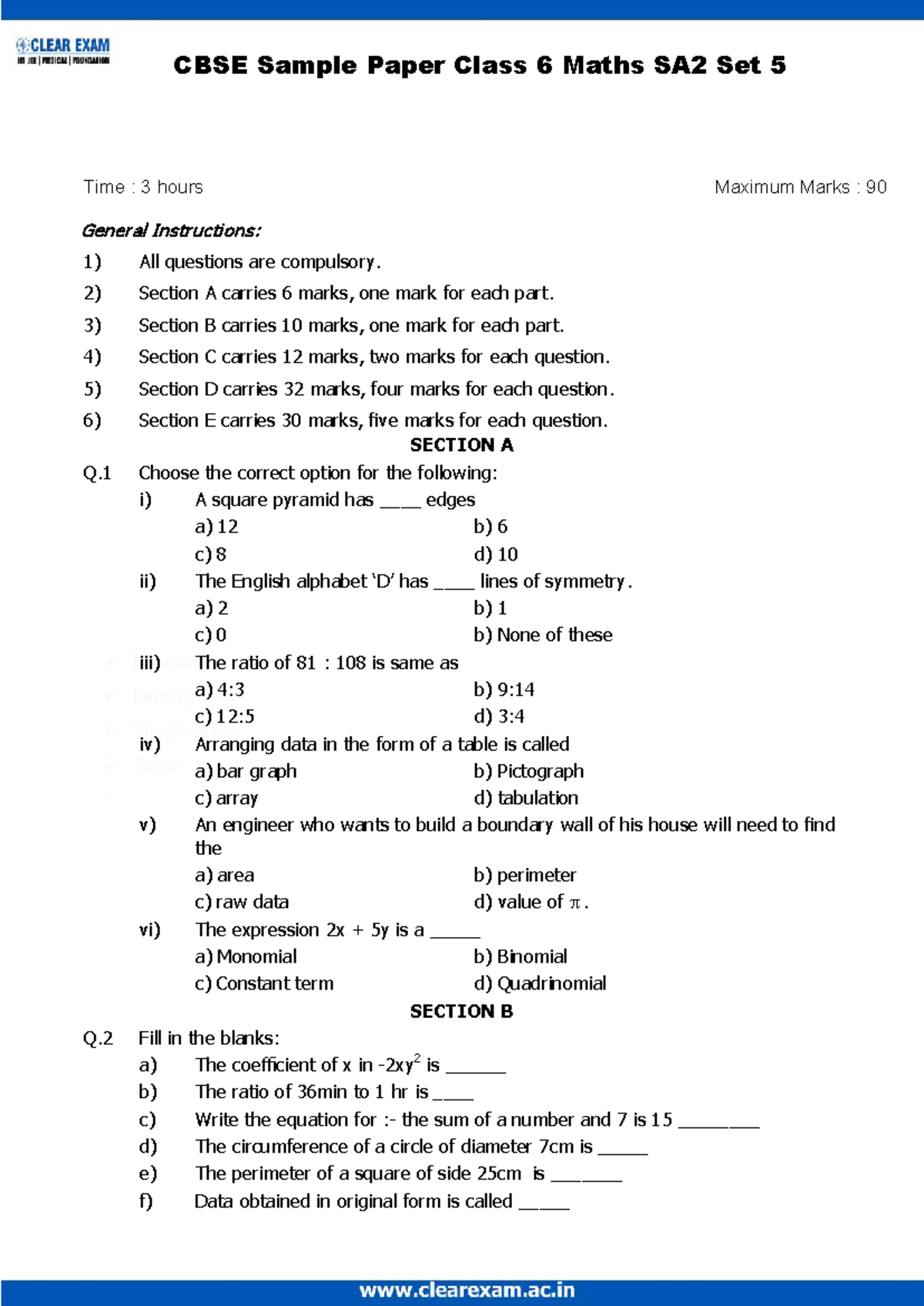 CBSE Class 6 Maths SA2 Sample Paper Set 5 - Studocu