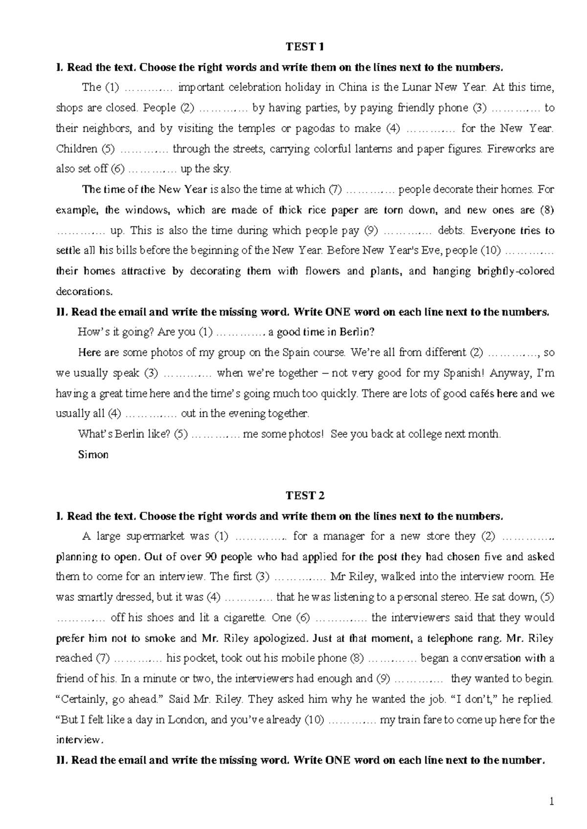 Reading (KT-QTKD K13) - GAGA - TEST 1 I. Read the text. Choose the ...