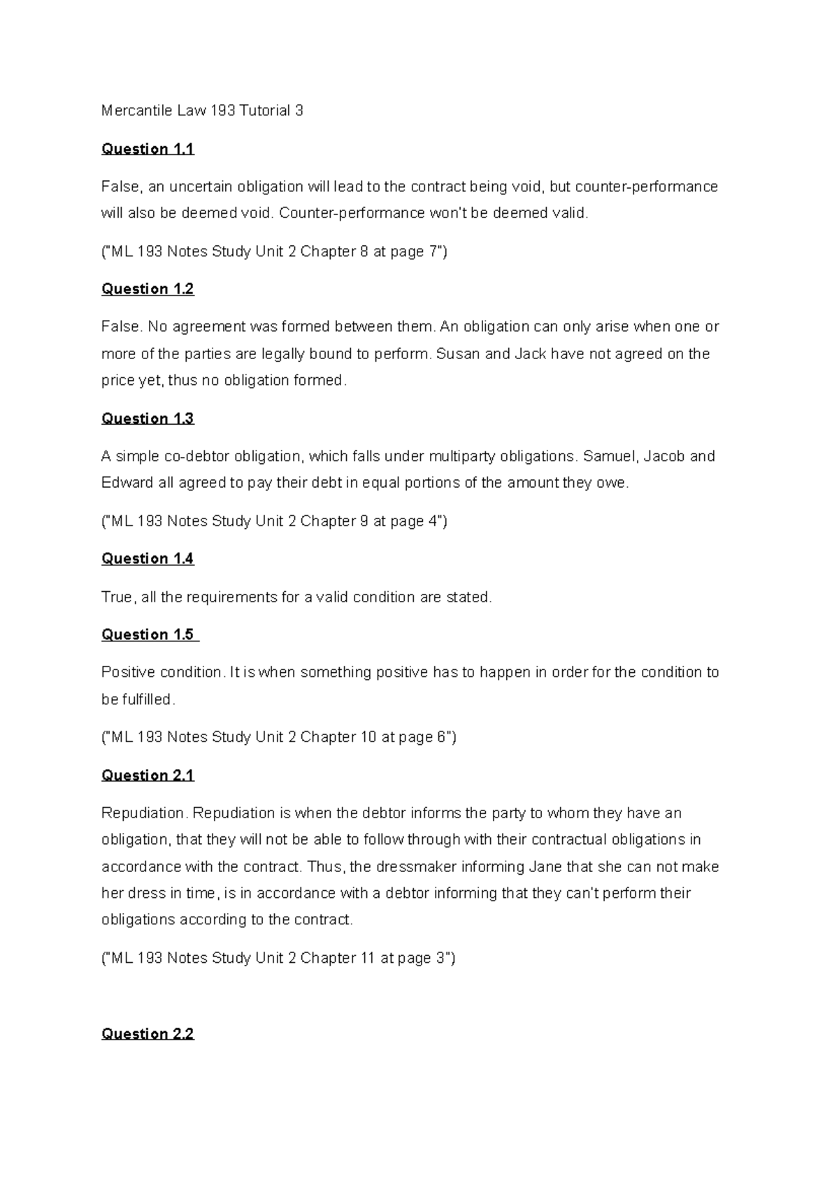 Mercantile Law 193 Tutorial 3 Study Notes and Questions - Studocu